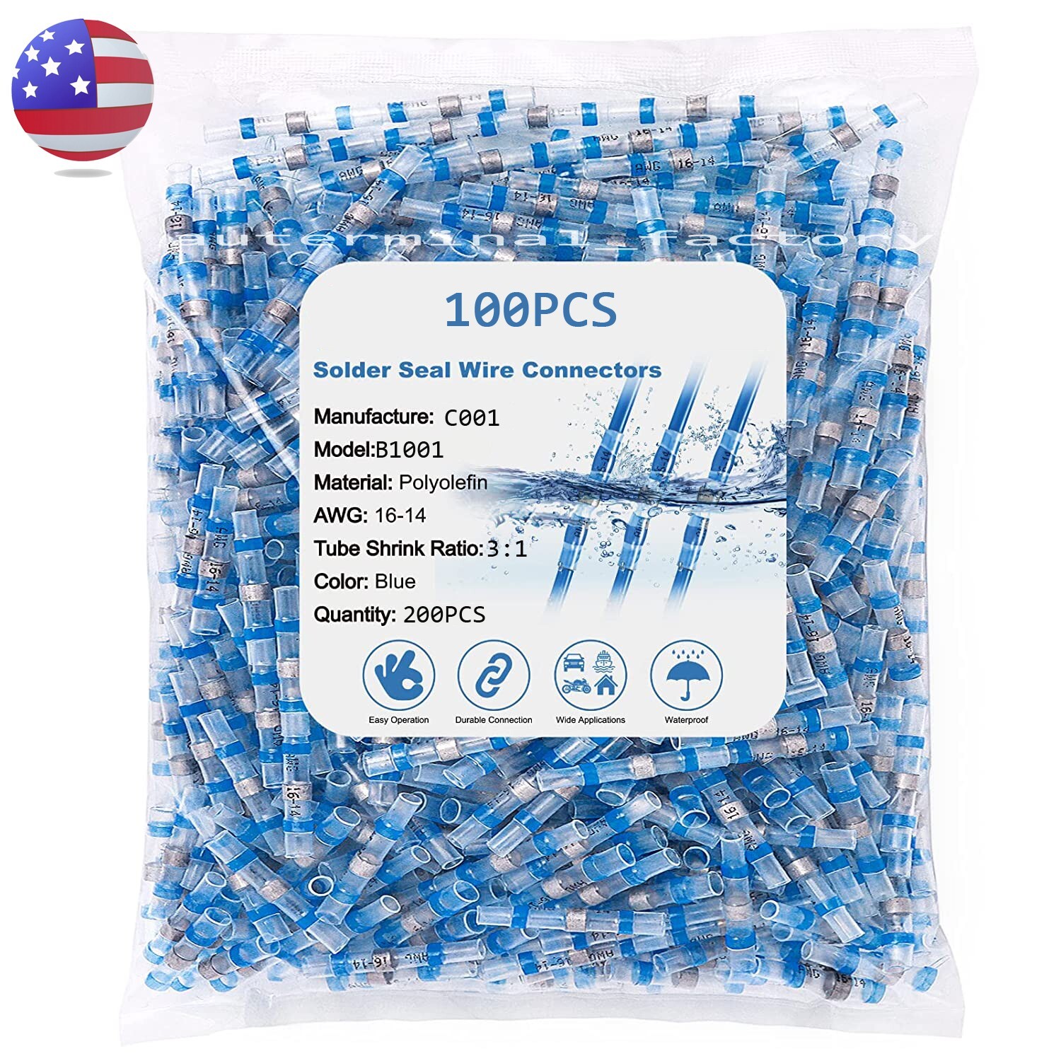 100pcs Waterproof Solder Seal Heat Shrink Wire Connectors Blue Terminals set kit