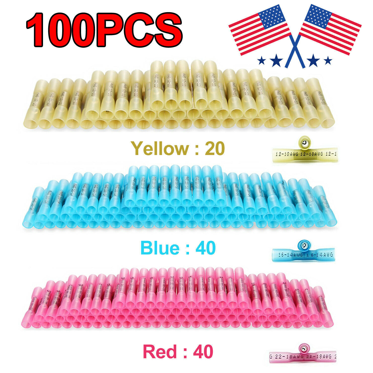 200/100/50PCS Heat Shrink Butt Wire Splice Connectors Seal Crimp Terminals USA