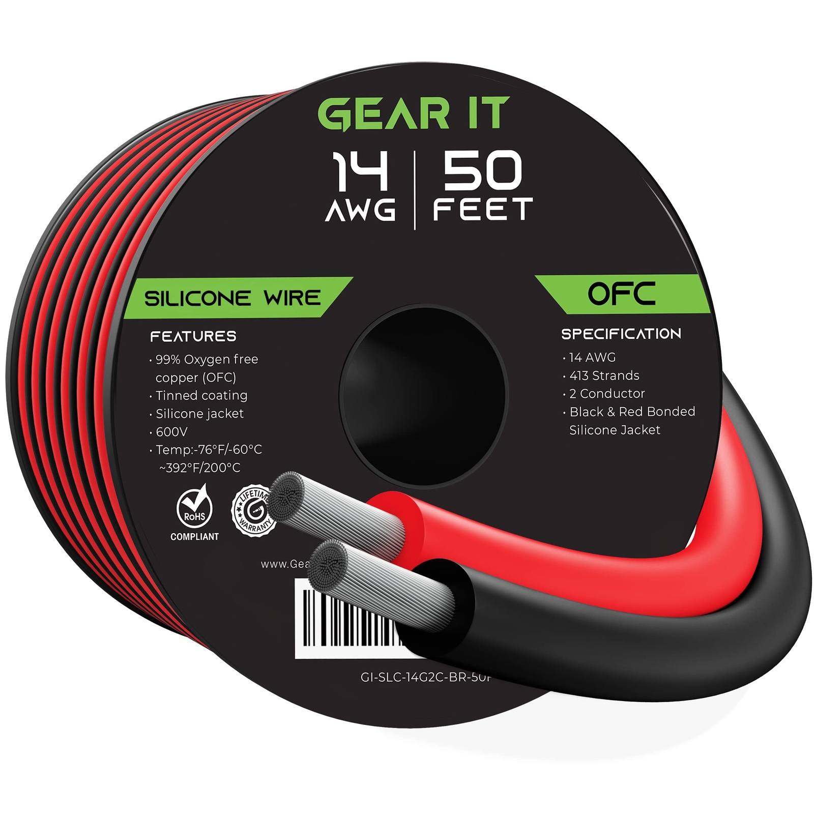 14 Gauge Silicone Wire 600V (Bonded Black/Red – 50 Feet) 14AWG Tinned, 14ga 50ft