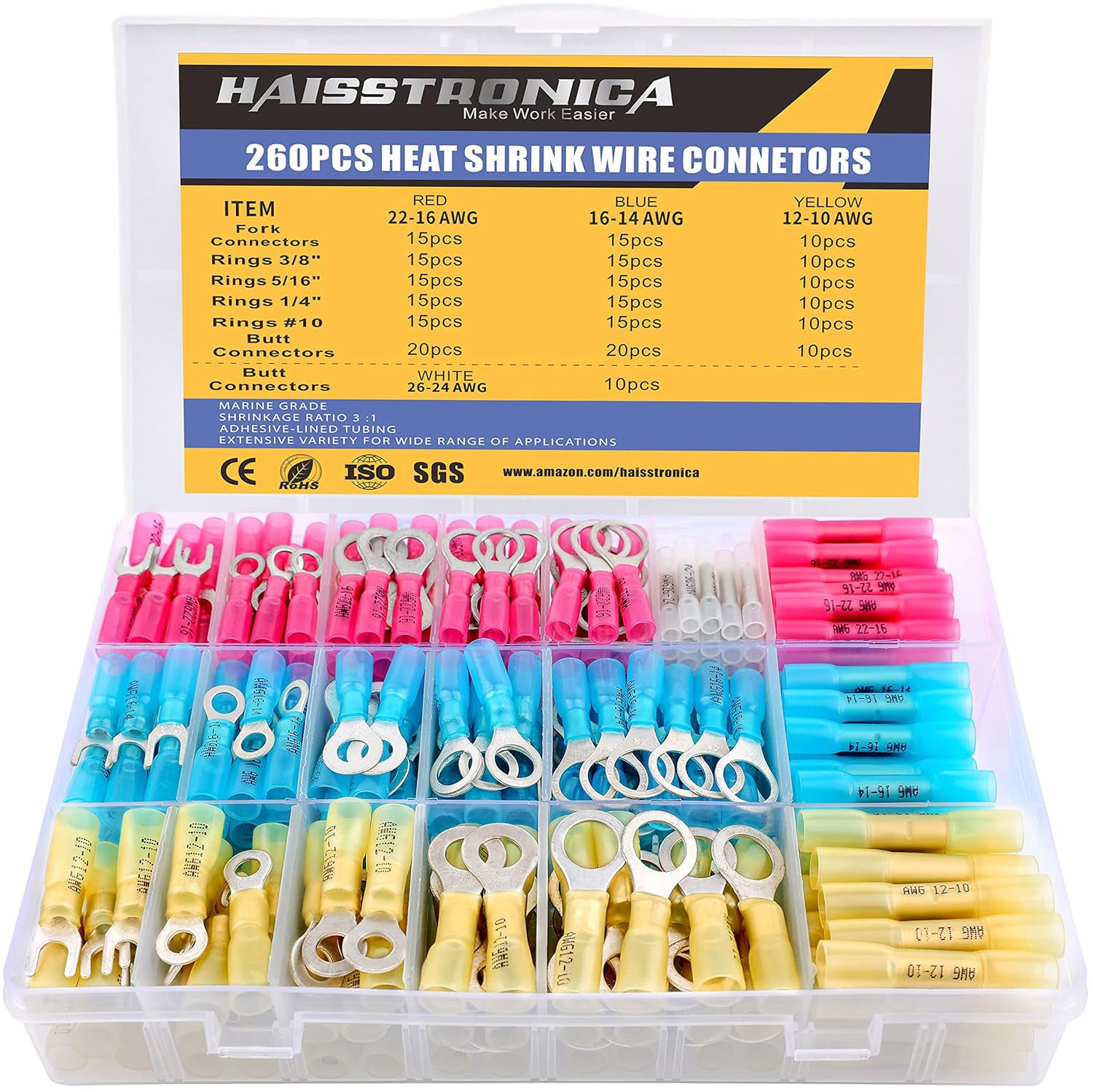 260PCS Heat Shrink Wire Connectors Kit Marine Grade Waterproof Crimp Terminals