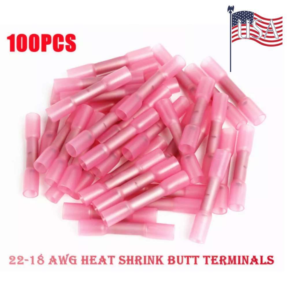 100PCS 22-18 AWG Heat Shrink Butt Wire Terminals Waterproof Crimp Connectors US