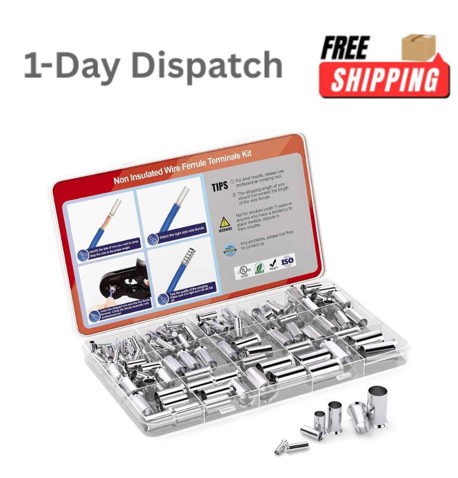 AIRIC 168 Pcs Wire Ferrules Kit 12 to 1 0 Gauge Tinned Copper Non Insulated
