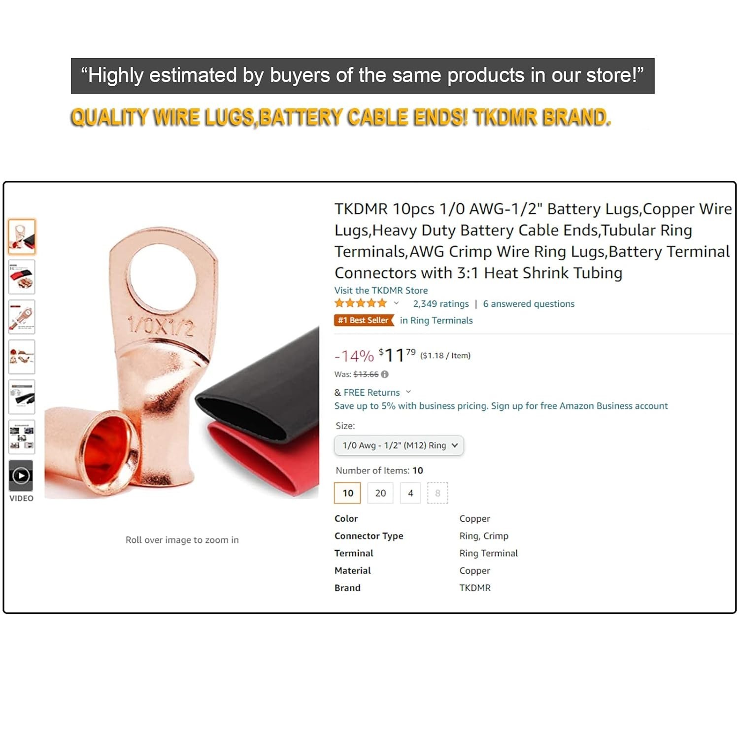 10pcs 8 Awg-3/8 Ring Marine Grade Copper Wire Lugs,with 3:1 Heat Shrink Tubin…
