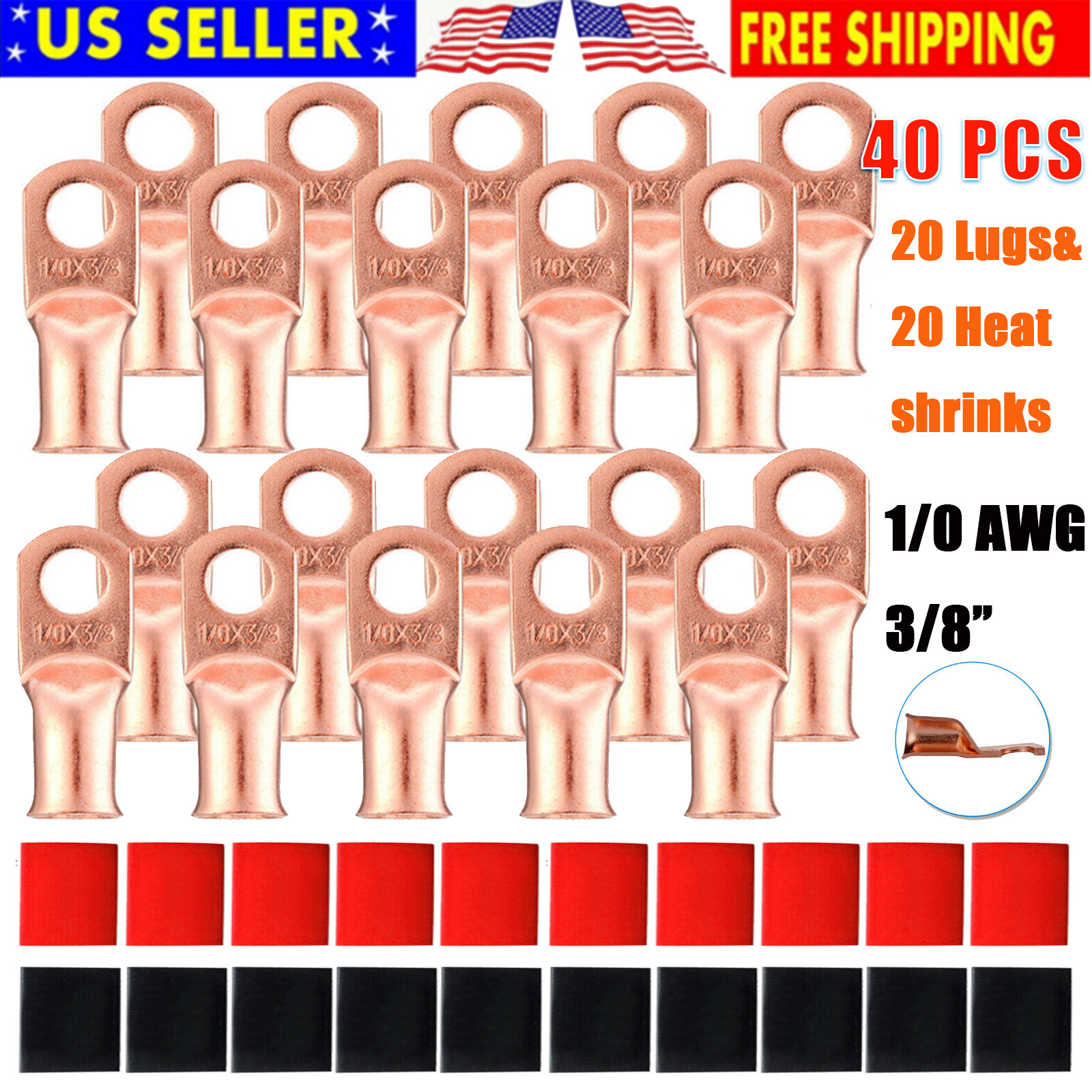 40X 1/0 AWG Gauge 3/8″ Copper Lugs w/RED & BLACK Heat Shrink Ring Terminals Wire