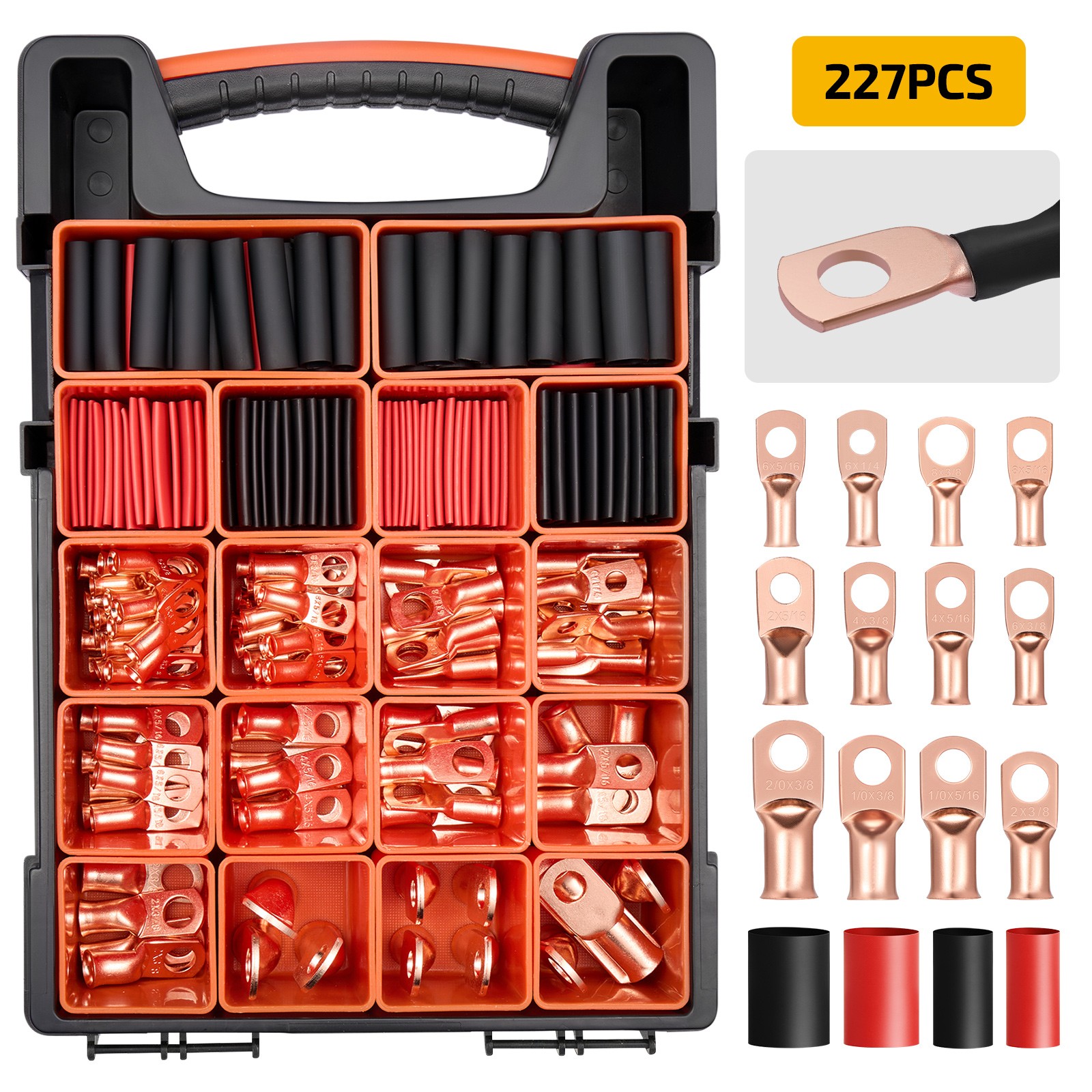 227pcs Copper Ring Terminal Set 1/0 2/0 2 4 6 8 AWG Battery Lugs Heat Shrink