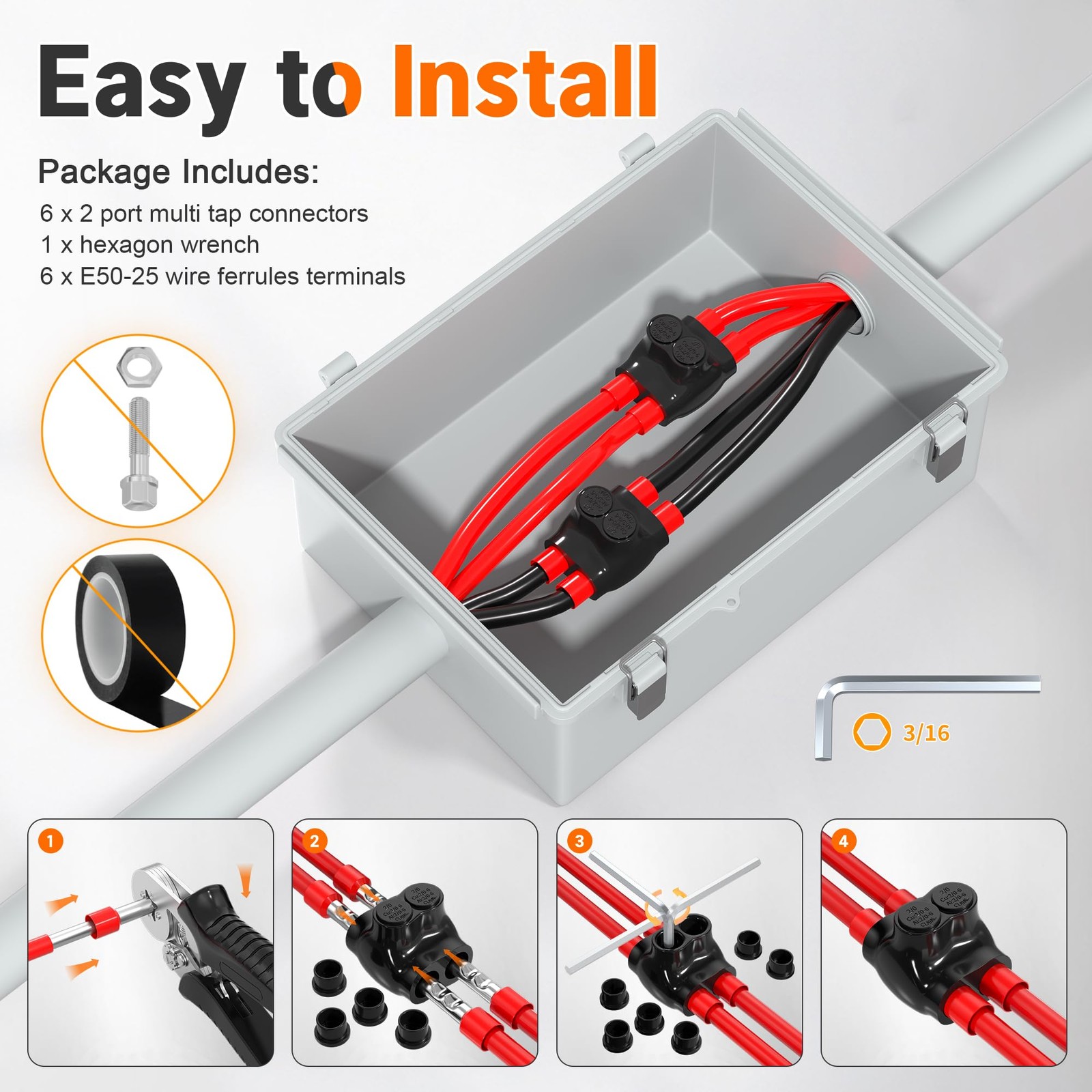 2 Port Insulated Multi Tap Connector 2/0-6 Gauge Wire Connectors Dual Sided Entr