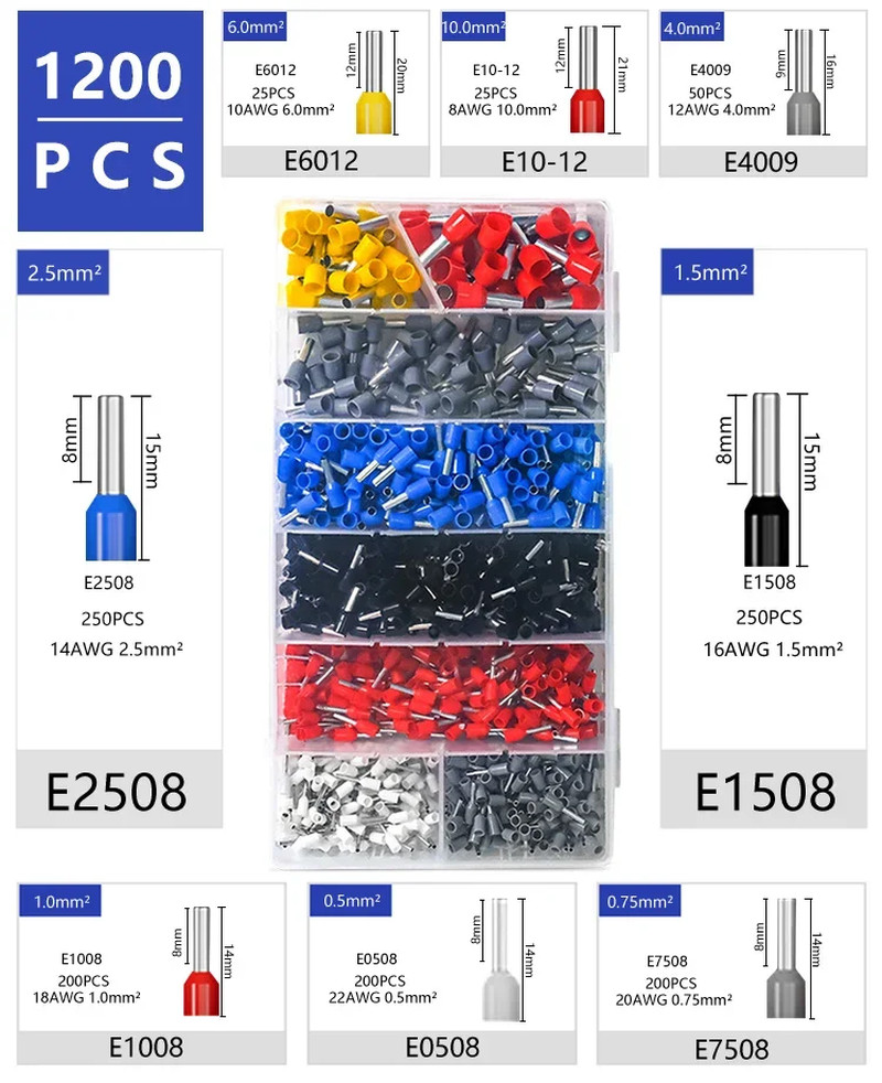 Kit 1200 Embouts Sertir Fil Électrique Isolés E10-12 à 0508 Laiton Pressé