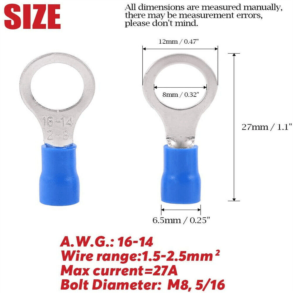 150pcs Blue Gauge 16-14AWG Wire Connectors Vinyl 5/16″ Stud Ring Terminals RV2-8