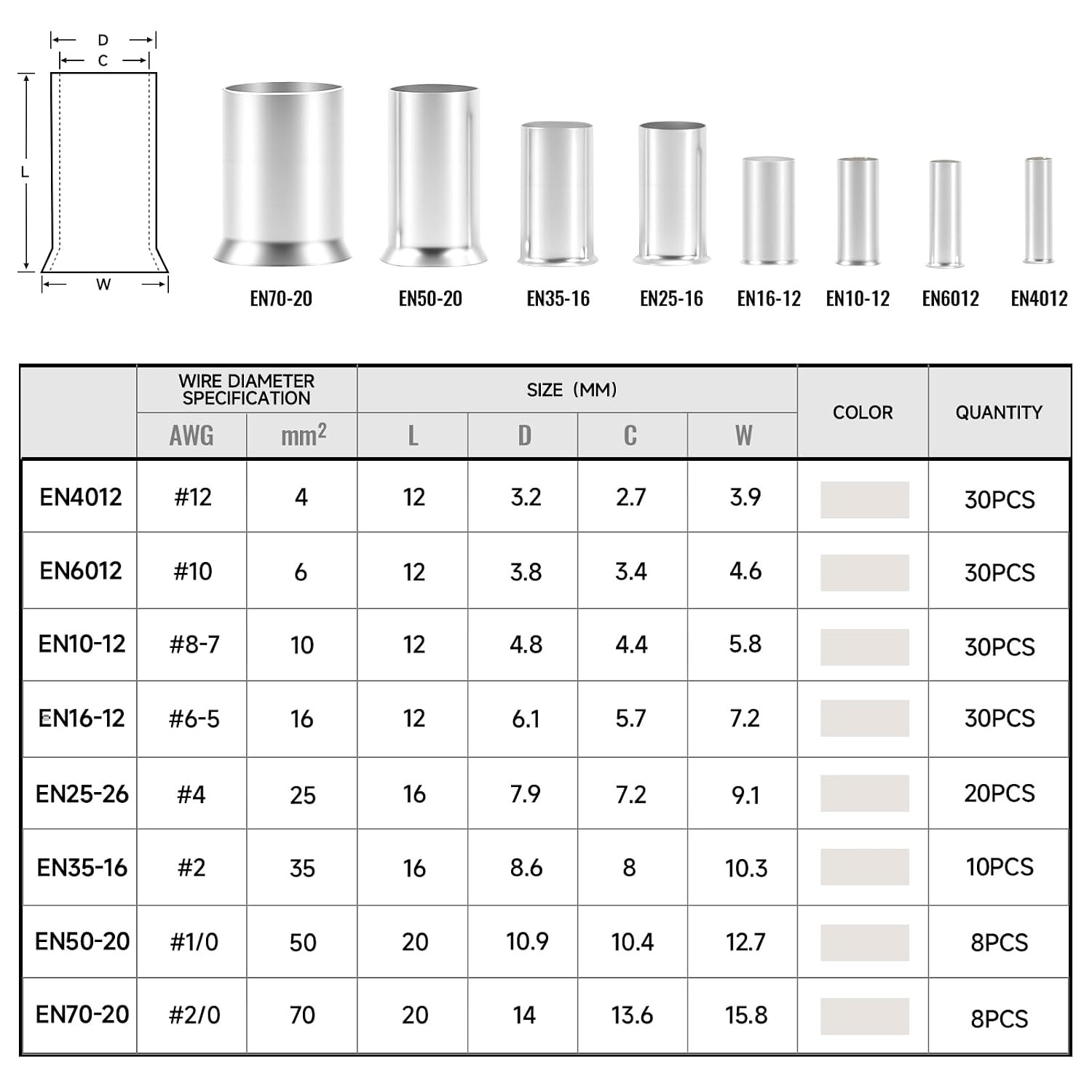166Pcs Wire Ferrules Kit, Silver Copper Crimp Terminals | 8 AWG Sizes