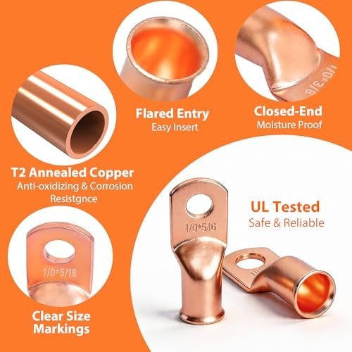 Battery Cable Ends Kit 220 Pieces Copper Wire Lugs AWG 2/0 1/0 1 2 4 6 8 Gauge