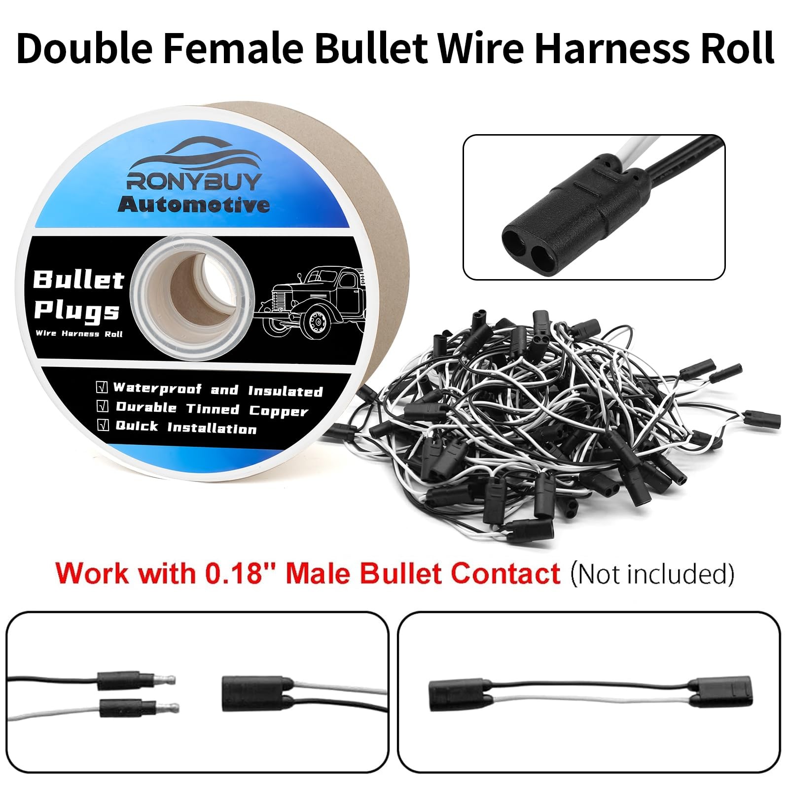 Ronybuy 50 Count 2-Prong Double Female Bullet Plug Wire Harness Roll, 2 Prong…