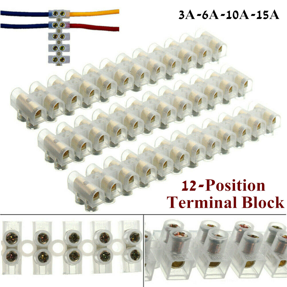 12-Position Barrier Screw Terminal Block Wire Connection Strip 3A 6A 10A 15A