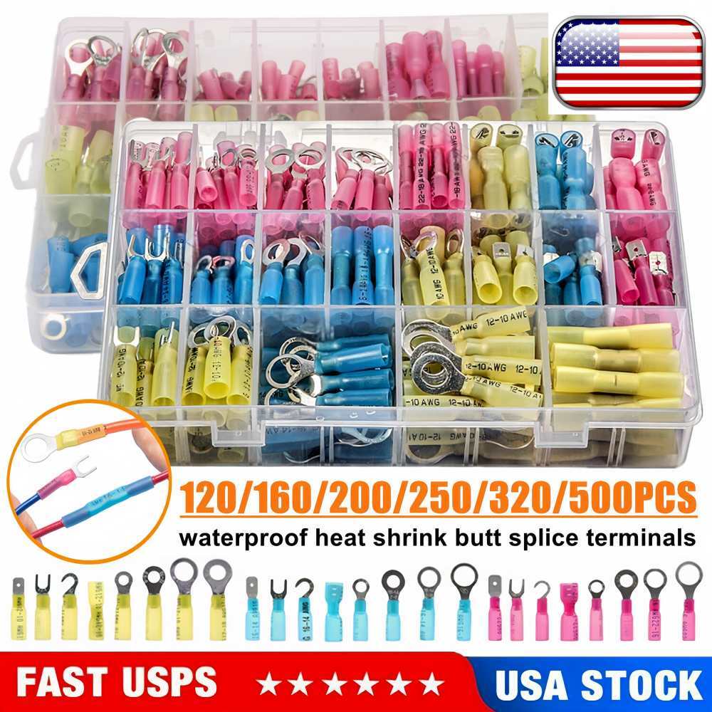 120/500pcs Heat Shrink Butt Wire Connectors Waterproof Crimp Splice Terminal Kit