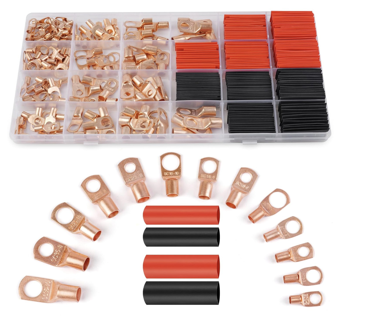 Copper Battery Cable Ends Wire Lugs Assortment Kit AWG 2 4 6 8 10 Gauge 150pcs
