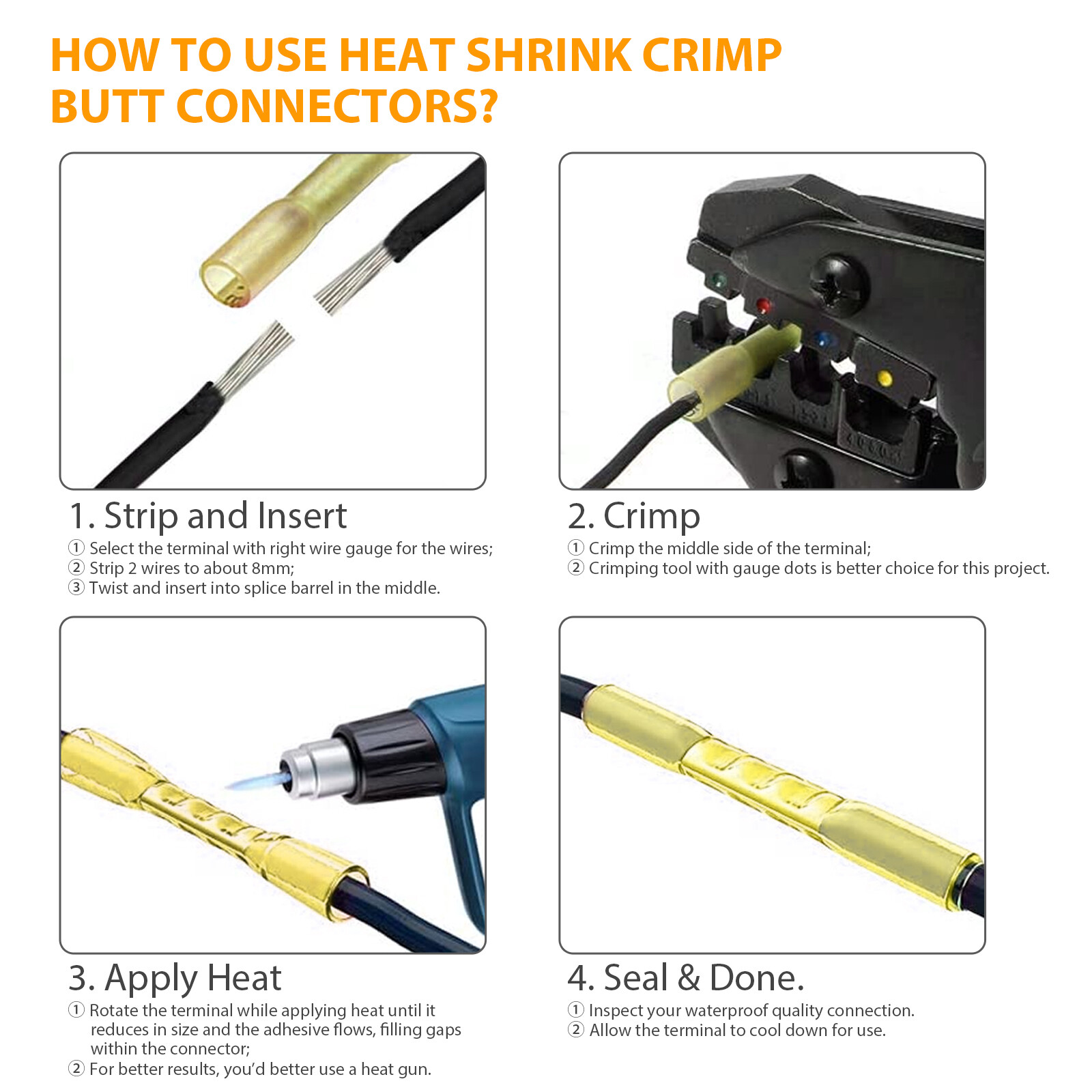210pcs Heat Shrink Connectors Solder seal Butt Crimp Connector Wire Terminals US