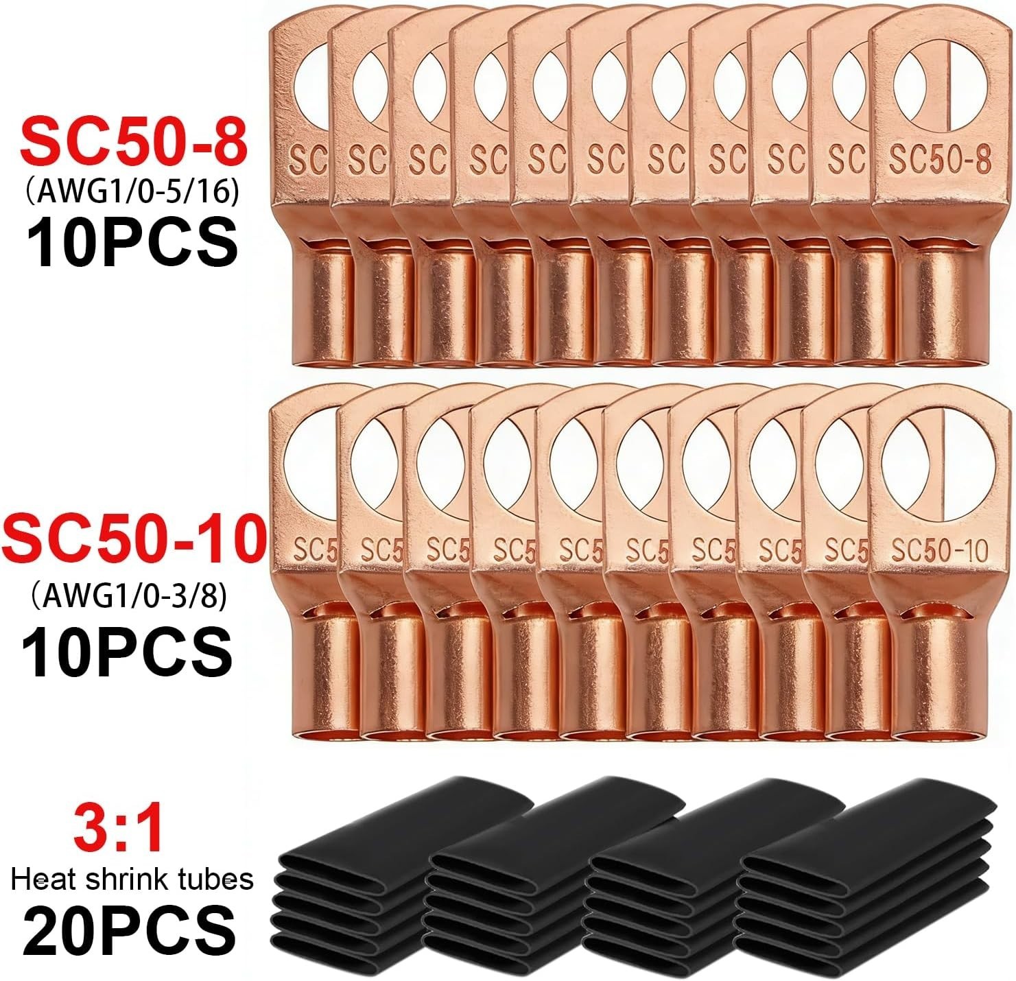 1/0 AWG Battery Cable Kit, 40 Ft, Red Black, CCA, 20 Pc Lugs, Heat Shrink Tube