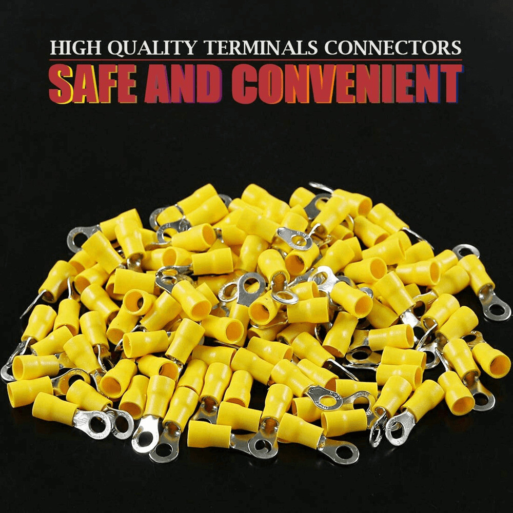 100pcs 12-10 AWG Yellow Copper PVC Tinplate Insulated Crimp Ring Terminal