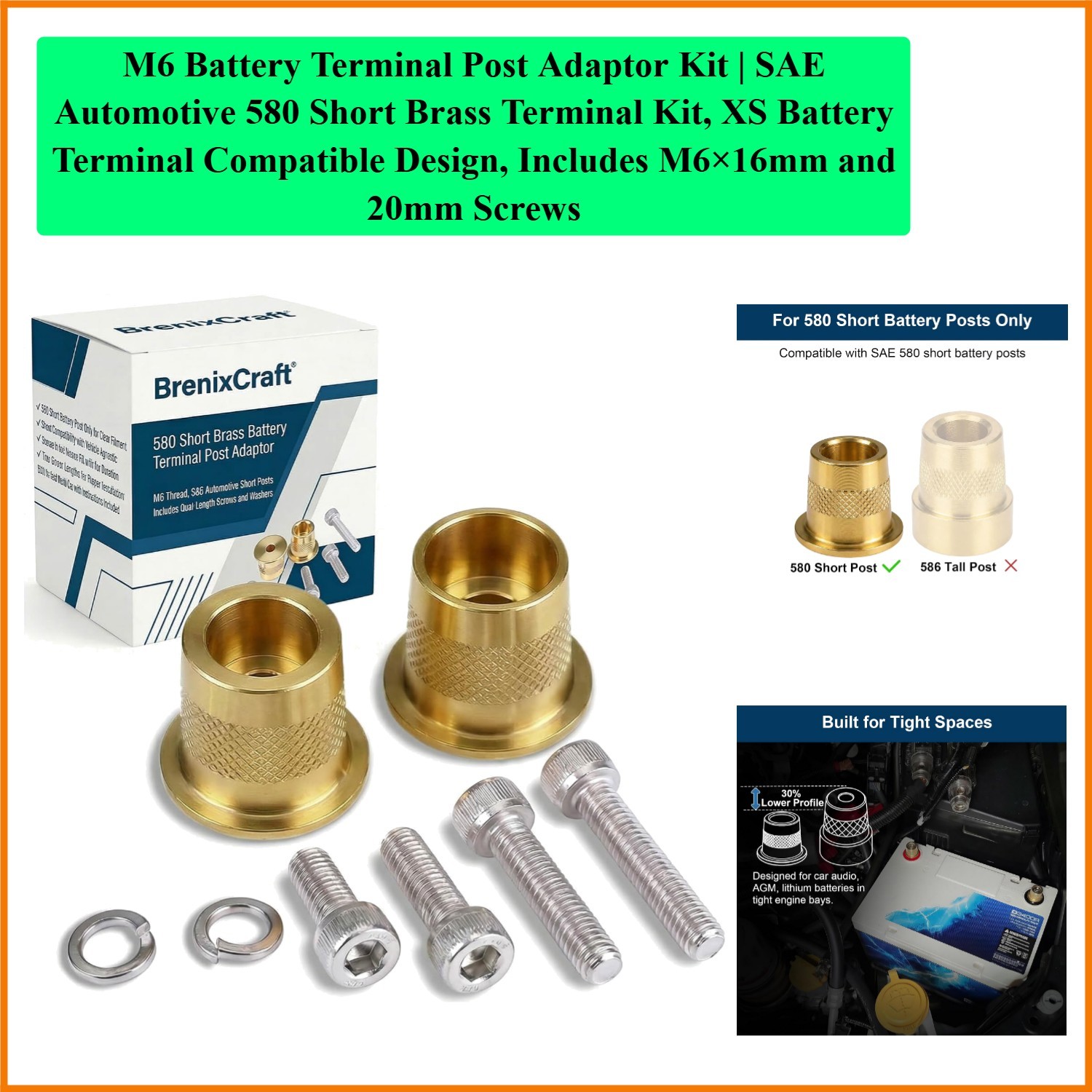 M6 Battery Terminal Post Adaptor Kit | SAE Automotive 580 Short Brass Termina…