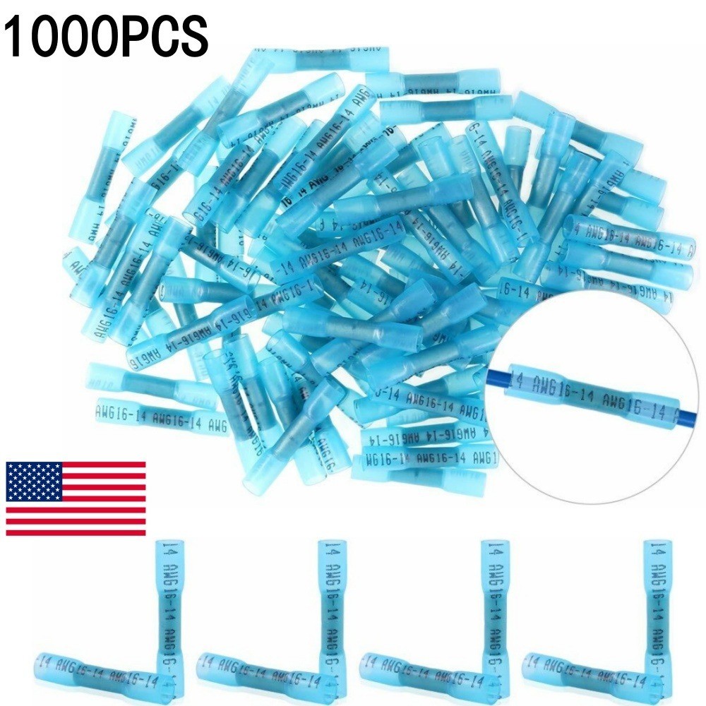 1000PCS Blue 14-16AWG Heat Shrink Waterproof Wire Connectors Butt Seal Terminals