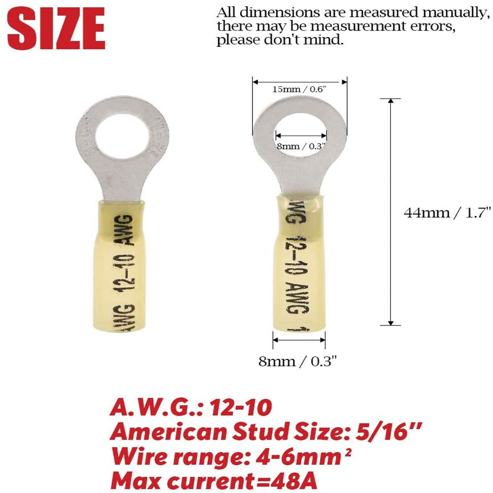 Yellow Heat Shrink Ring Terminals Marine Wire Connectors 12-10 AWG 5/16″Stud 50X