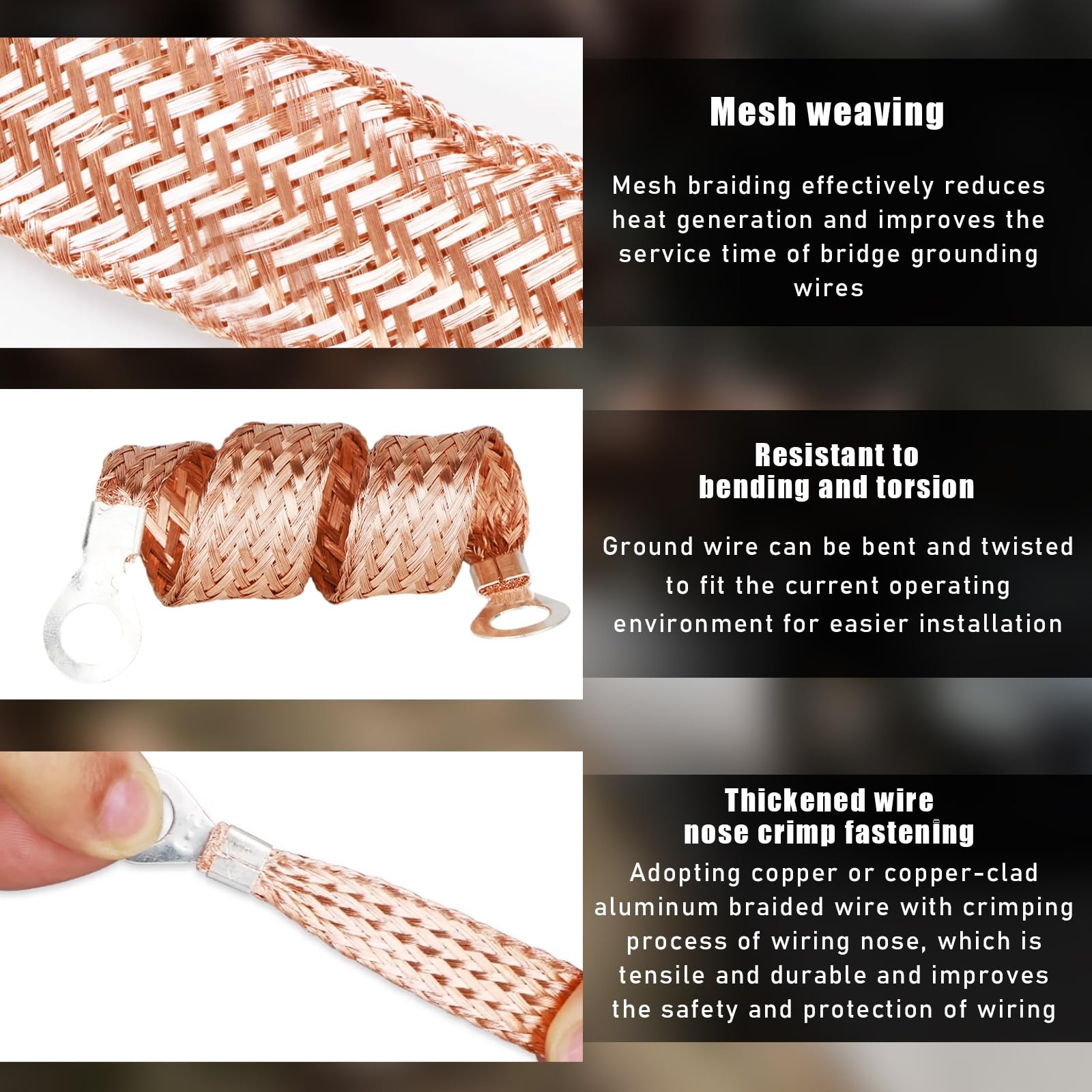 KVAEY 3PCS Automotive Ground Strap, Flat Braided Copper Grounding Cable Strap…