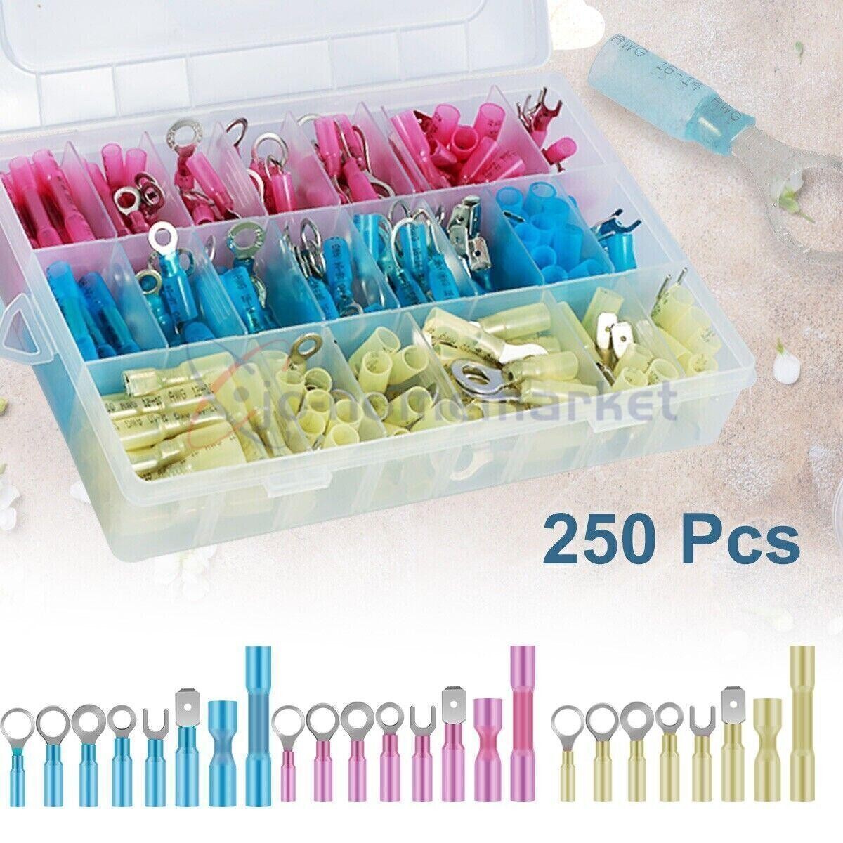 250x Heat Shrink Wire Connectors Electrical Ring Fork Spade Crimp Terminals Kit