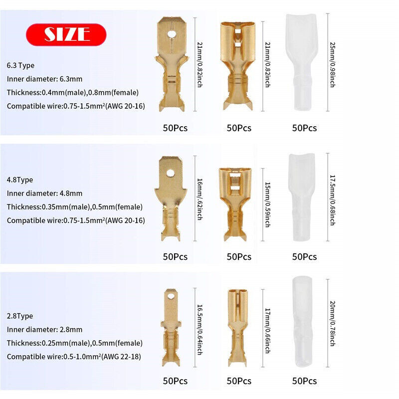 450PCS 2.8/4.8/6.3mm Male Female Spade Crimp Terminals Electrical Connectors Set