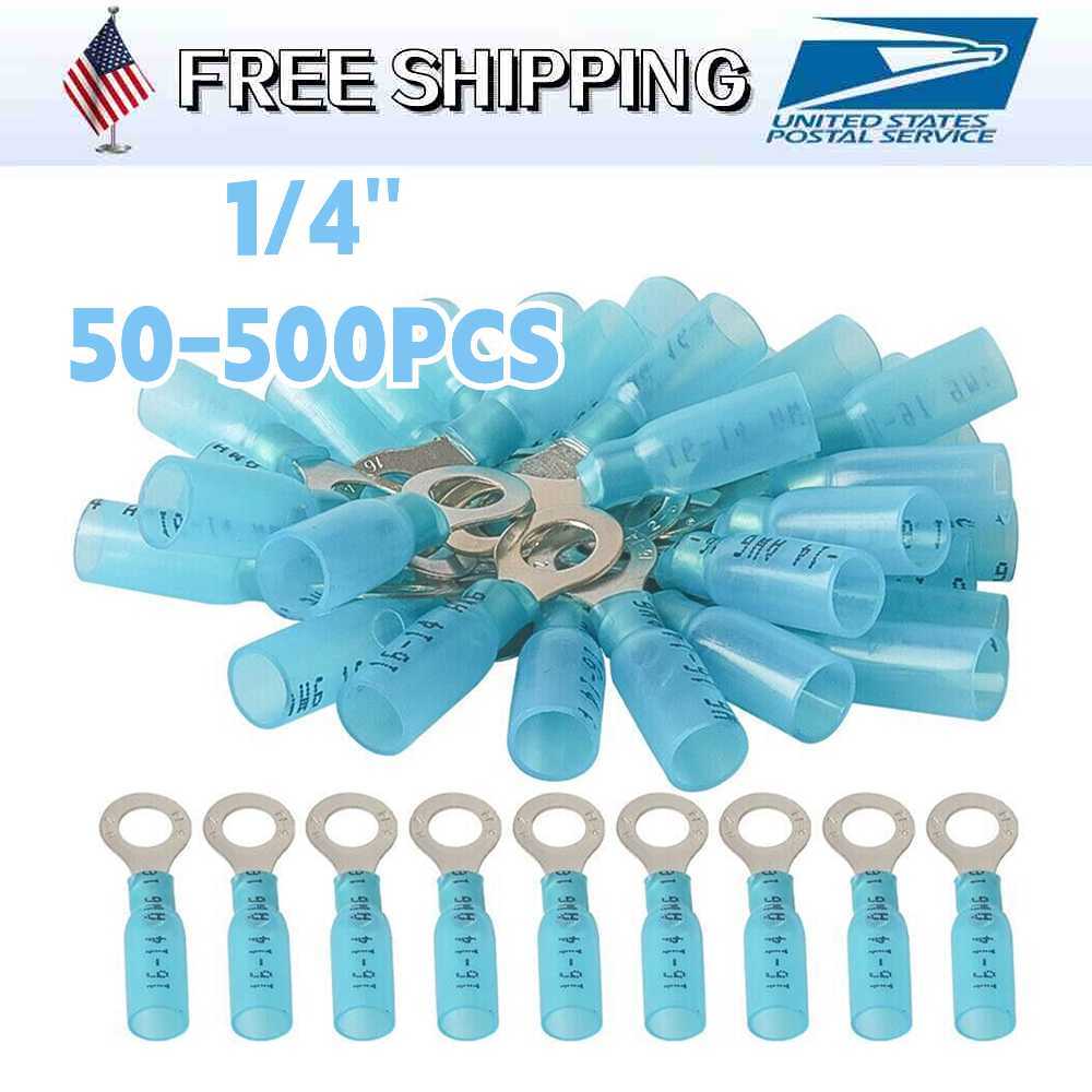 500-50PCS Heat Shrink Ring Terminals 1/4″ Eyelet Wire Connectors Blue 16-14 AWG