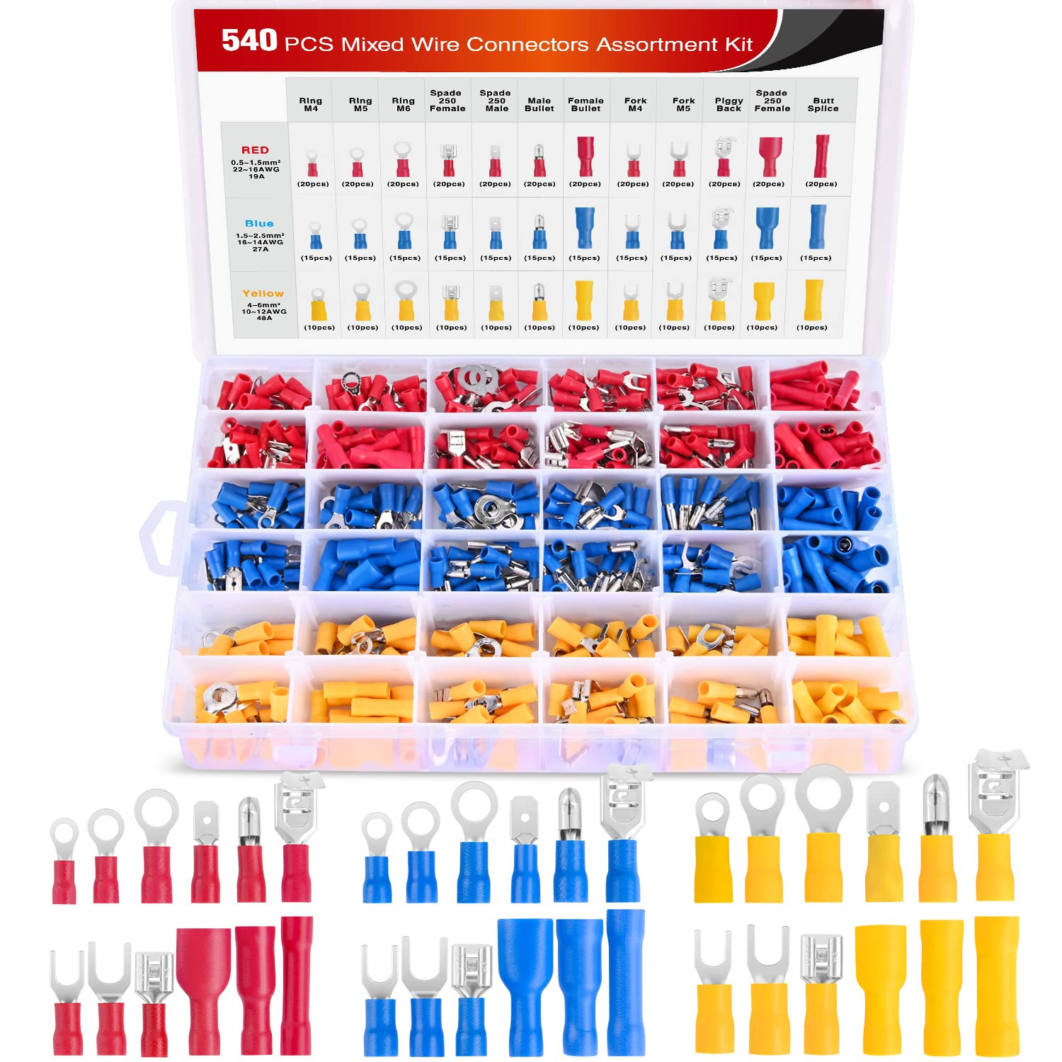540PCS Mixed Quick Disconnect Electrical Insulated Butt Bullet Spade Fork Ring S