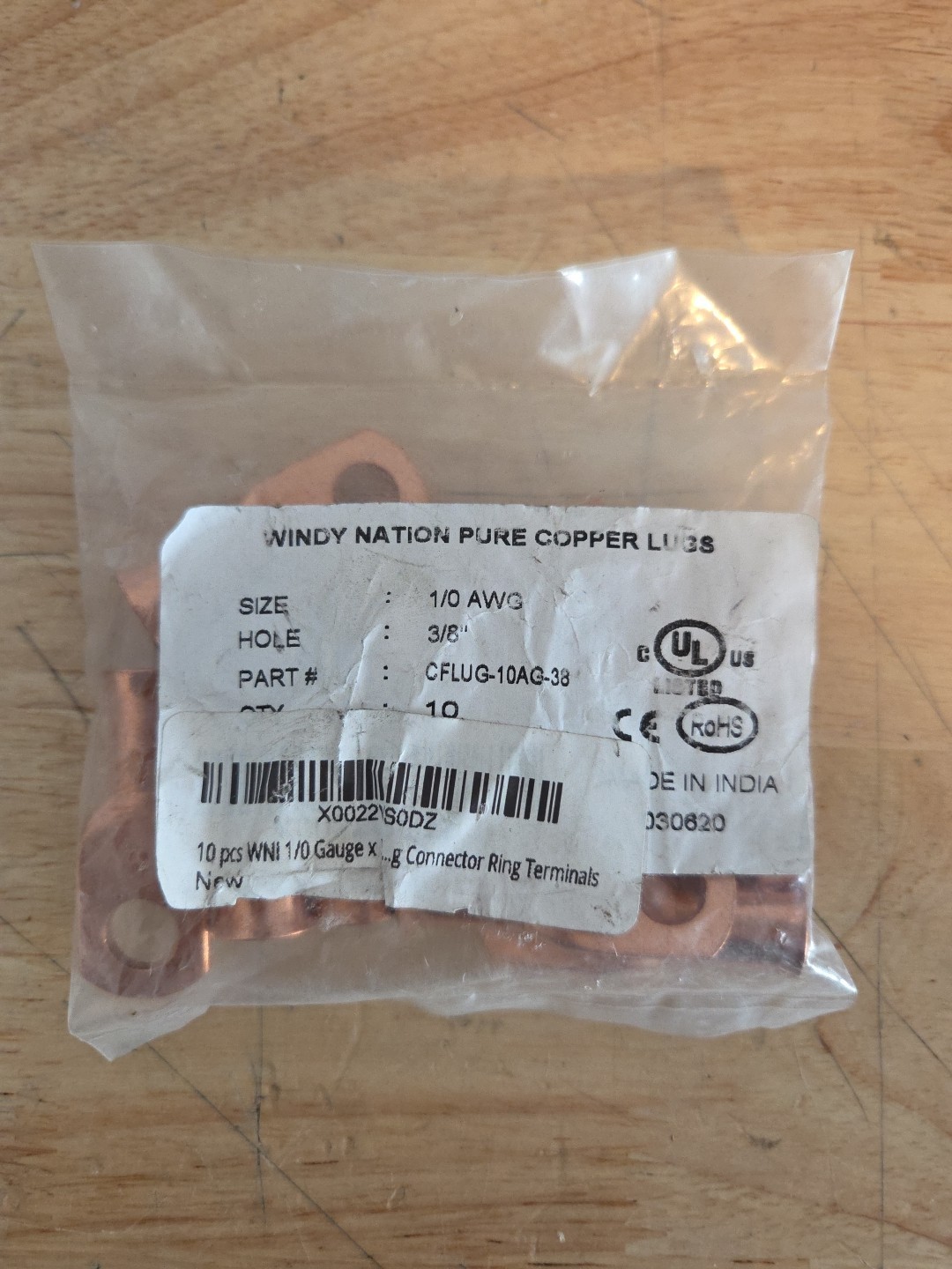 1/0awg 3/8″ Stud Ring Terminal Lug Bare Copper Non-Insulated Lot Of 10 Windy Na
