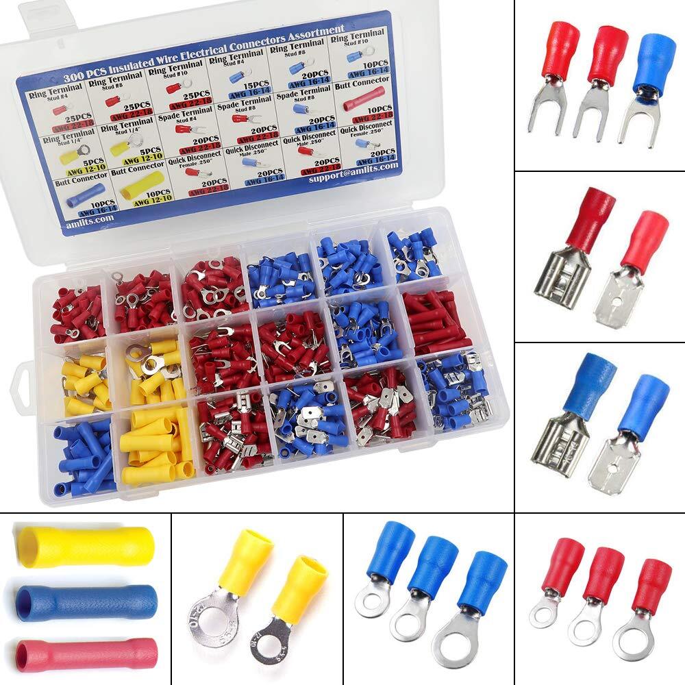 300PCS Insulated Wire Electrical Connectors Kit Butt Ring Spade Crimp Terminals