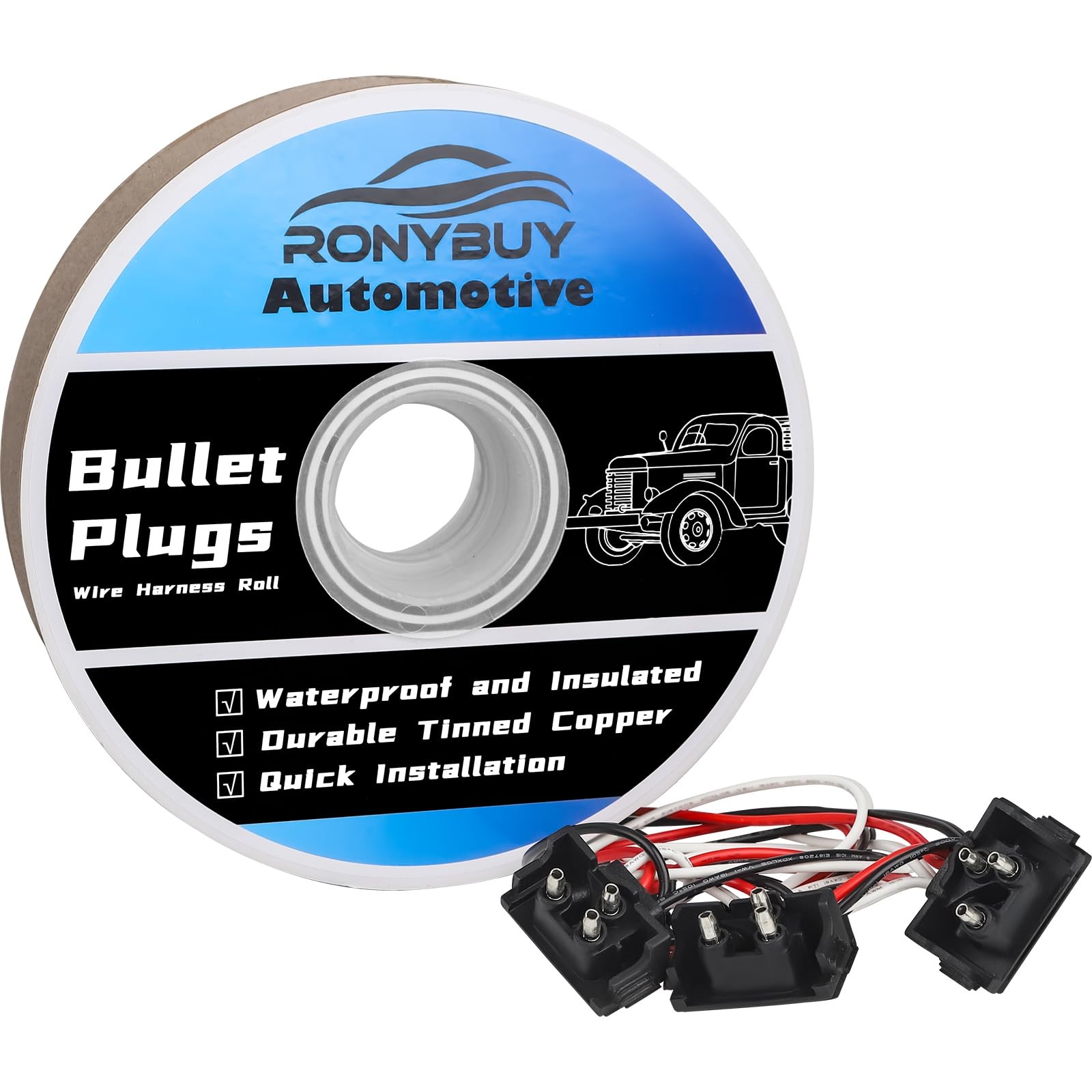 20x 3 Wire Plugs, Triple Male Bullet Wire Harness Roll, Right Angle 18AWG 3 P…