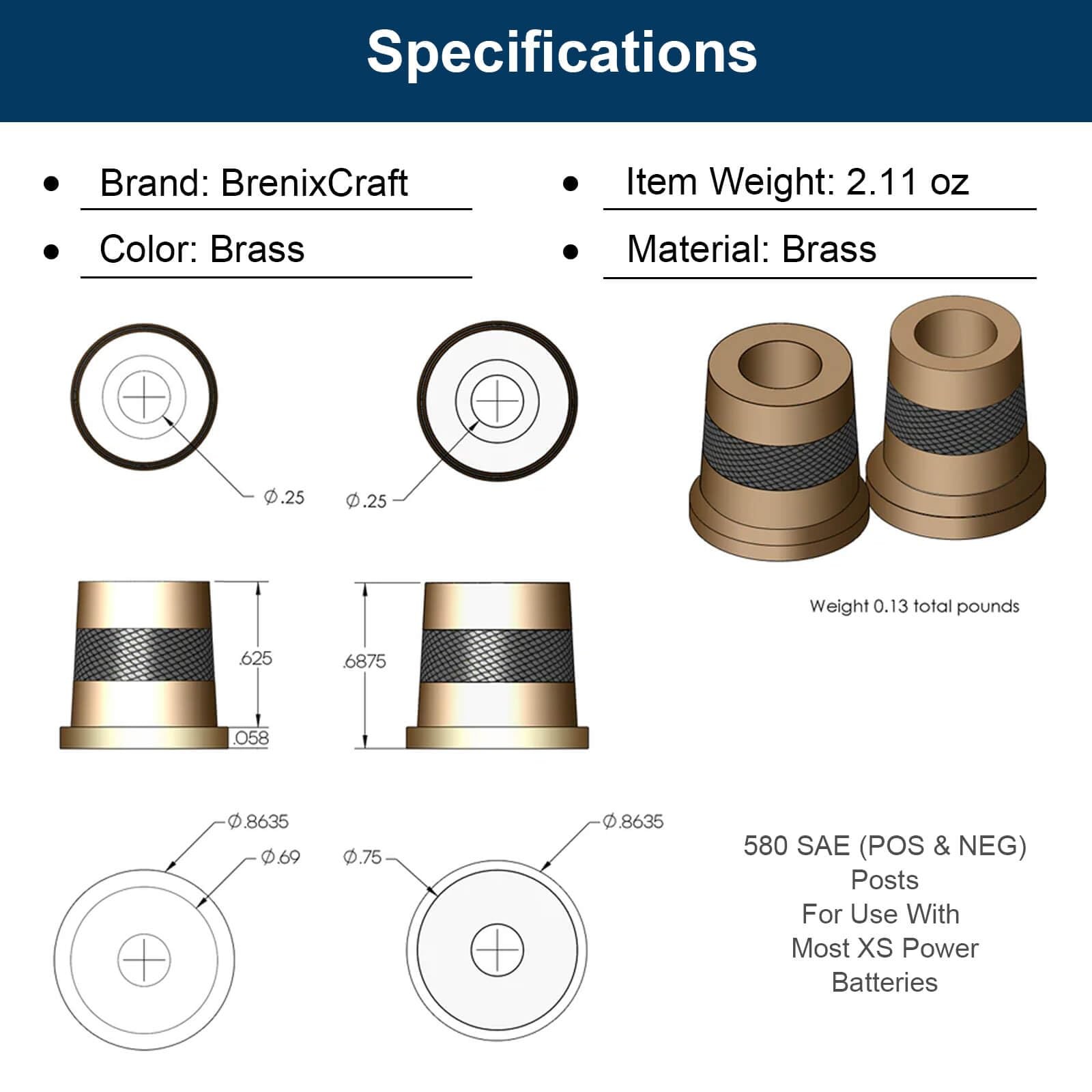 580 Short Brass Battery Terminal Post Adaptor Kit, M6 Thread, SAE Automotive …