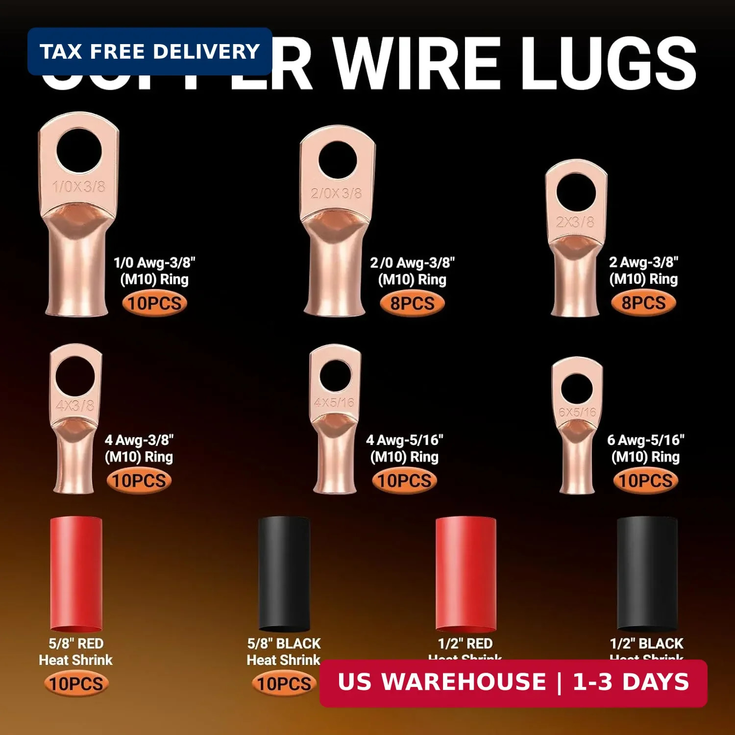 116pcs Battery Cable Ends Kit,1/0 AWG 2 AWG 2/0AWG 4 AWG 6 AWG Copper Lugs,0 Gau