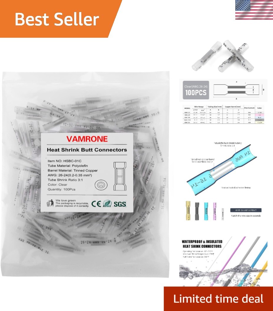 Waterproof Heat Shrink Butt Splice Connectors – 100PCS, Clear, 26-24 AWG
