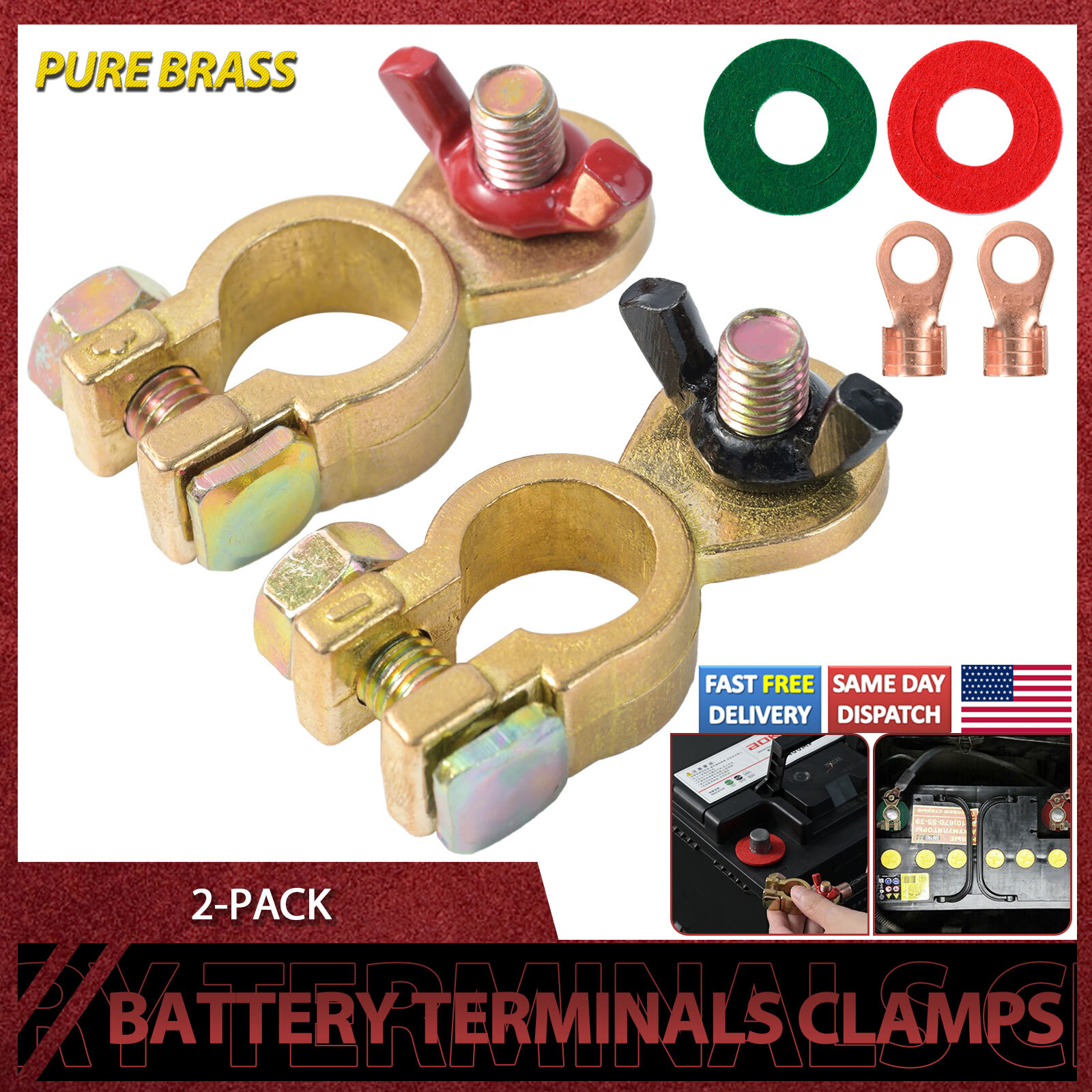 2x Solid Brass Battery Terminal Connector Top Post End Clamps for Car Marine.