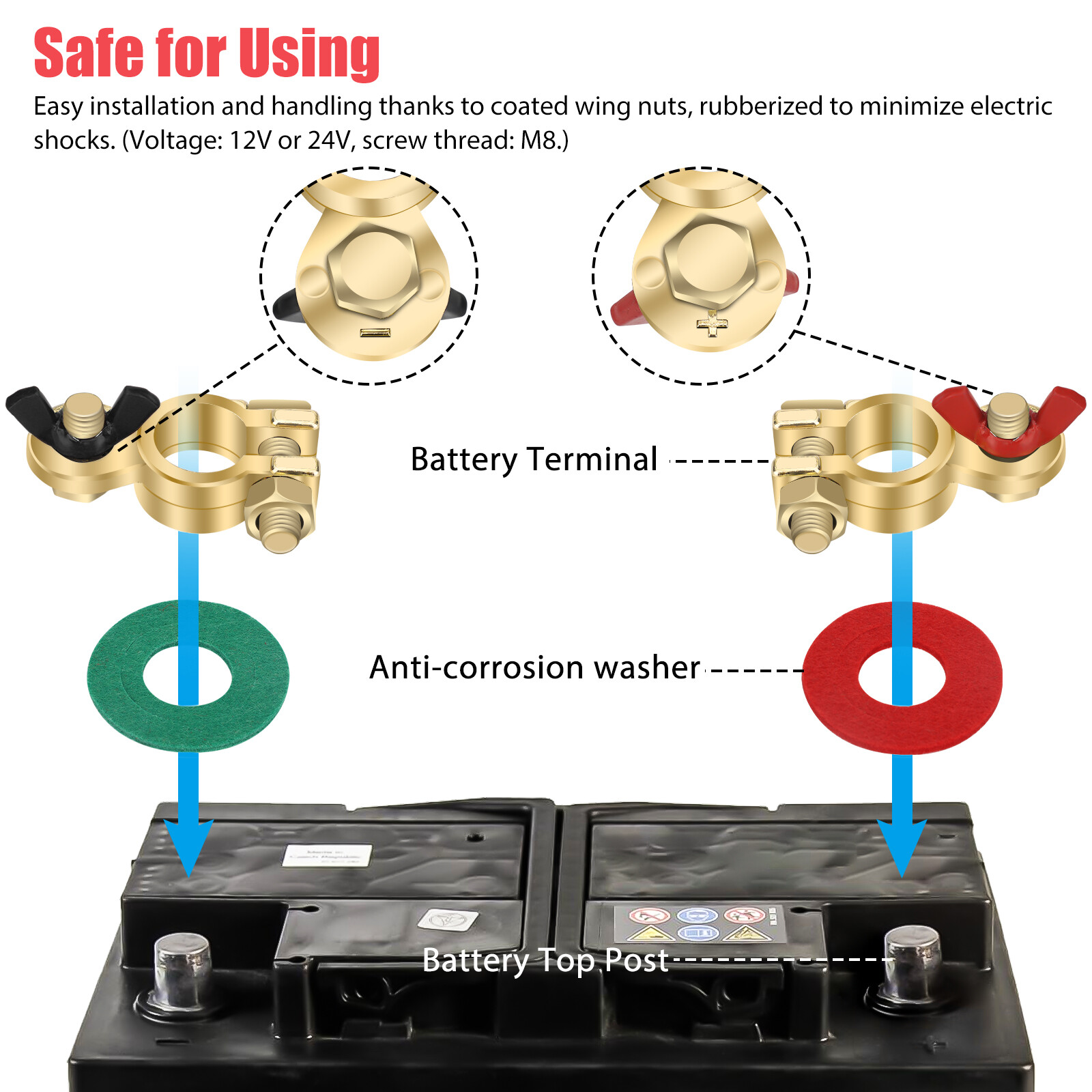 2x Solid Brass Battery Terminal Connector Top Post End Clamps Set for Car Marine