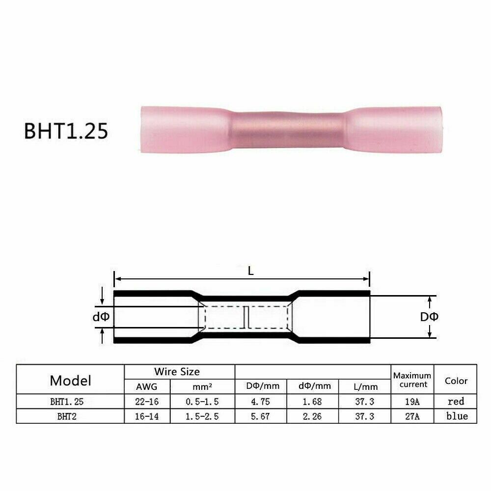 Heat Shrink Waterproof Wire Connectors Red 22-16 AWG Butt Seal Terminals