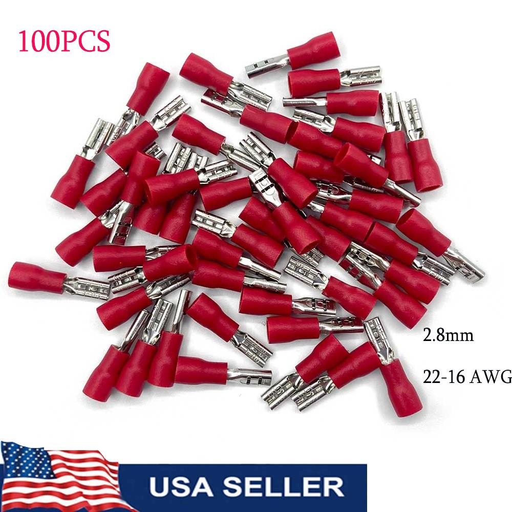 2.8mm Red 22-16 Gauge AWG Female Wire Terminal Quick Disconnect Connector 100PCS