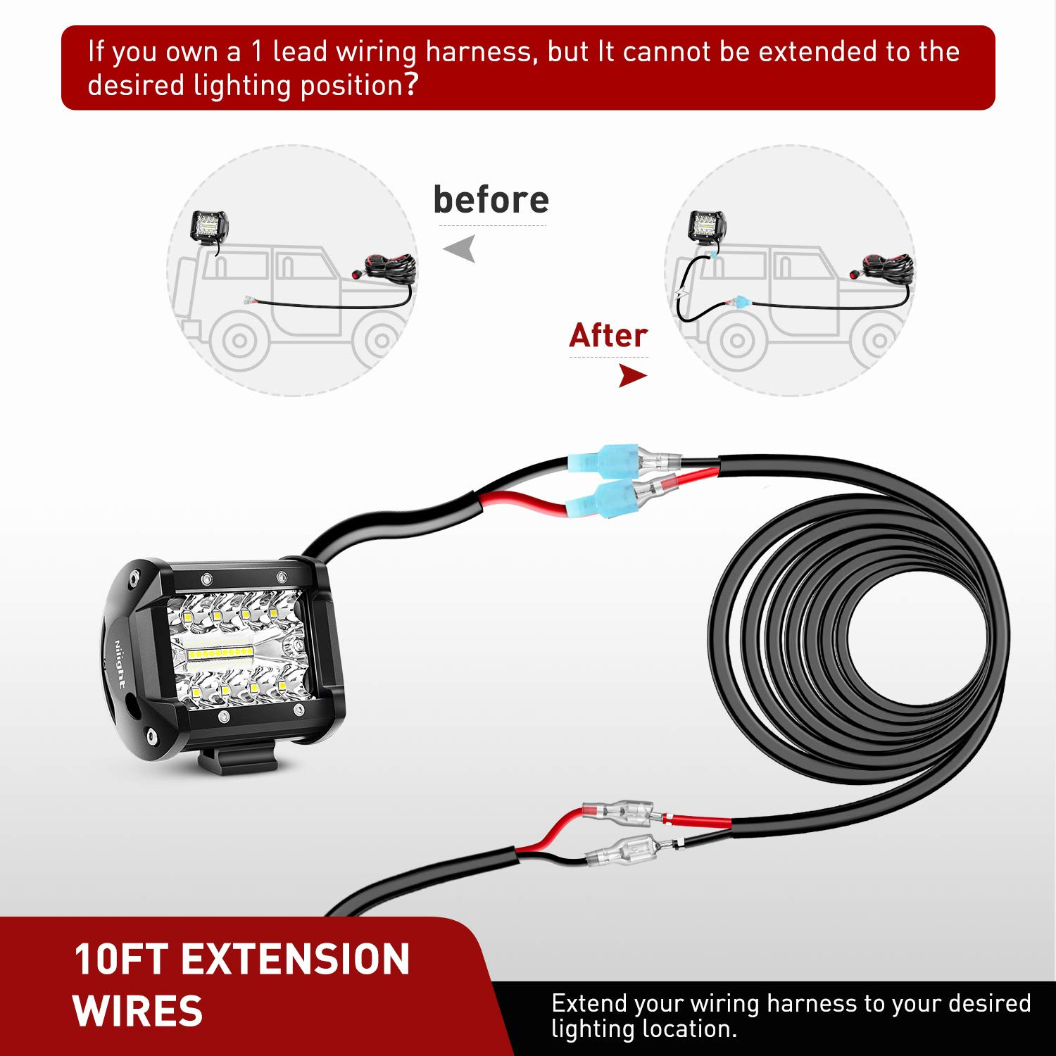 Nilight 2PCS 16 AWG 10 Feet Wiring Harness Extension Kit for LED Work Light Bar