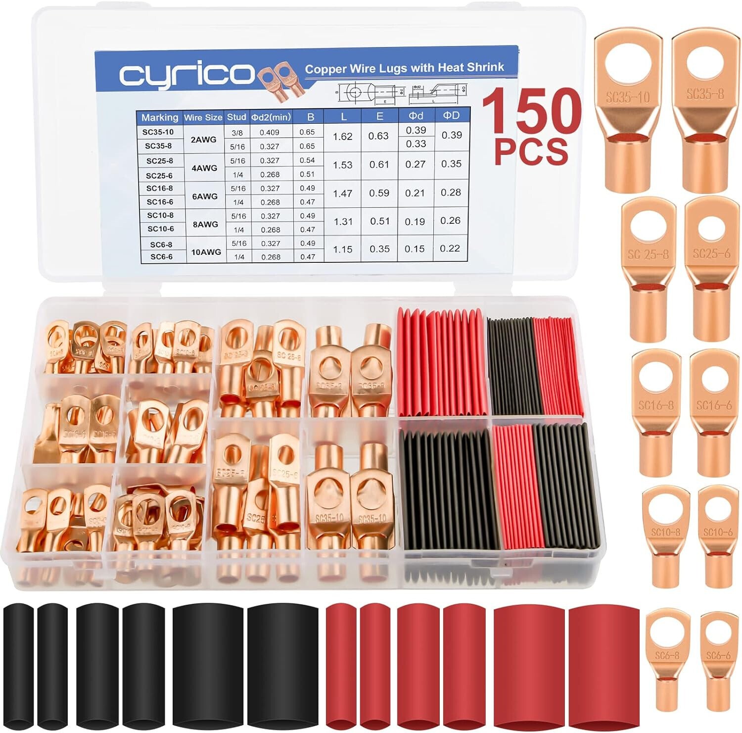 150pcs Copper Wire Lugs Battery Cable Ends Terminal Connectors Assortment Kit US