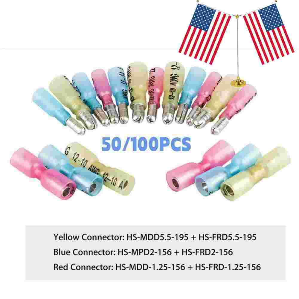 10-22WAG 50/100PCS Heat Shrink Crimp Bullet Terminals Female&Male Wire Connector