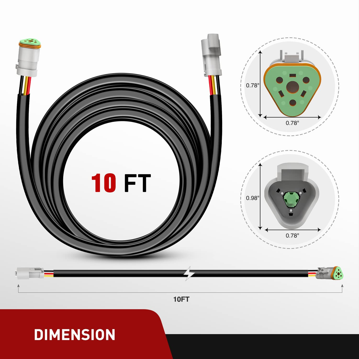 2 PCS 16 AWG 10 Feet 3 Pin DT Connector Wiring Harness Extension Kit