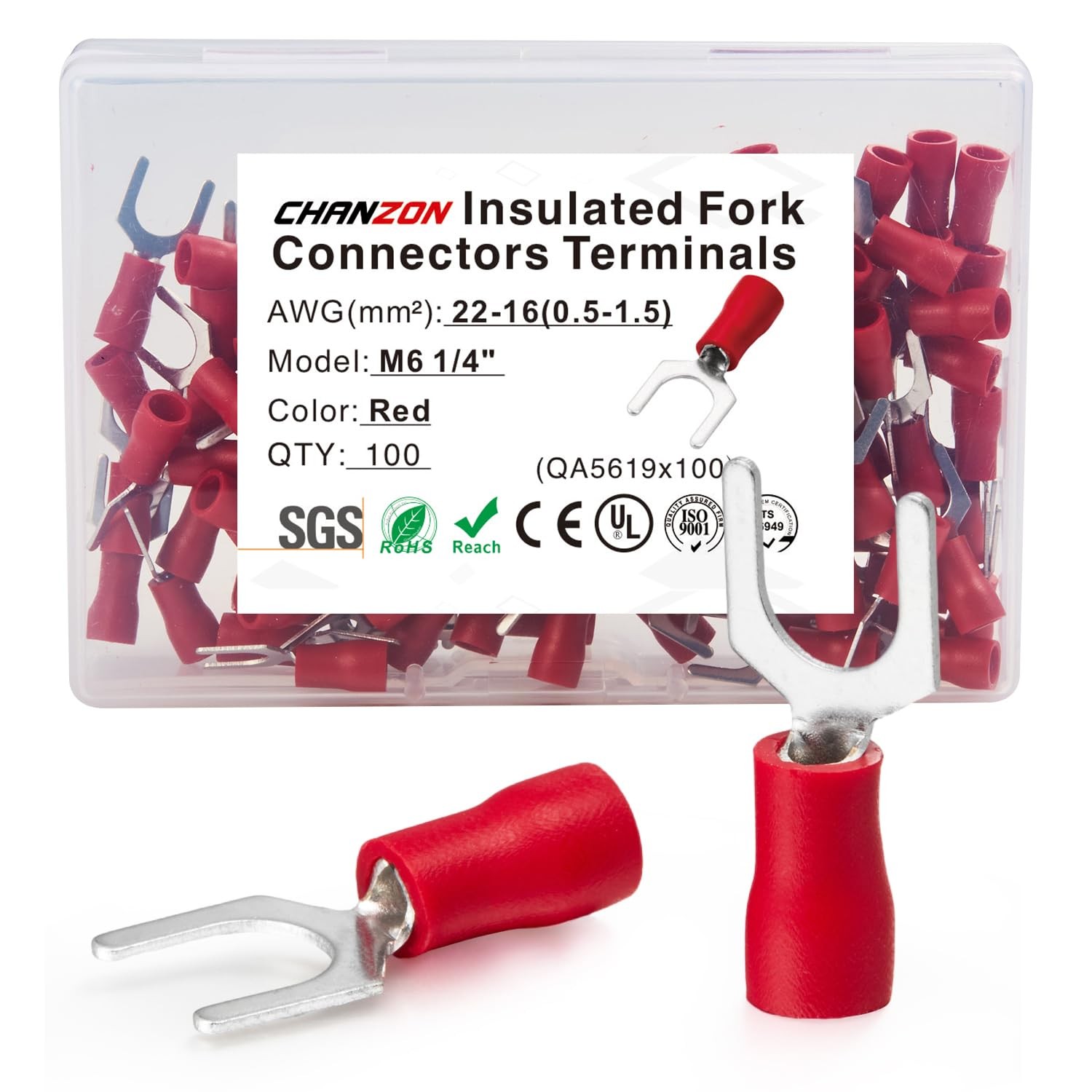 UL Listed Insulated Fork Terminals M6 1/4″ inch U-Type – 22-16AWG – Crimp Con…
