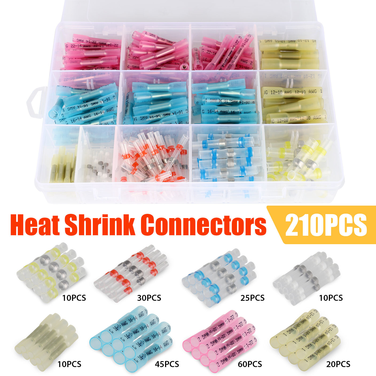 210pcs Heat Shrink Connectors Solder seal Butt Crimp Connector Wire Terminals US