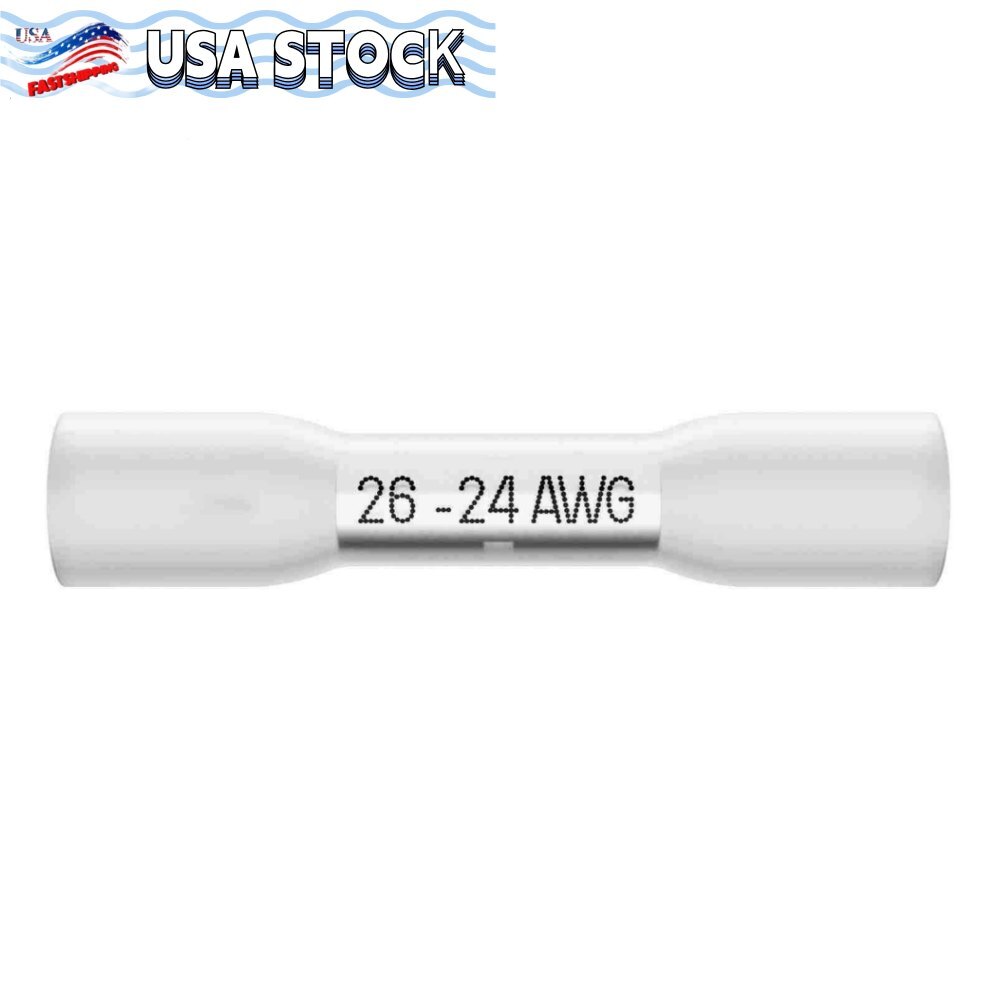 26-24AWG White Heat Shrink Butt Wire Splice Connector Crimp Terminals 50/200PCS