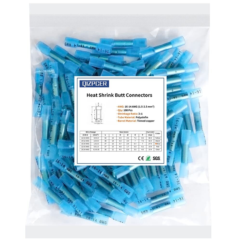 Blue Heat Shrink Butt Connectors 100 Pcs Waterproof for Wiring 16-14 AWG