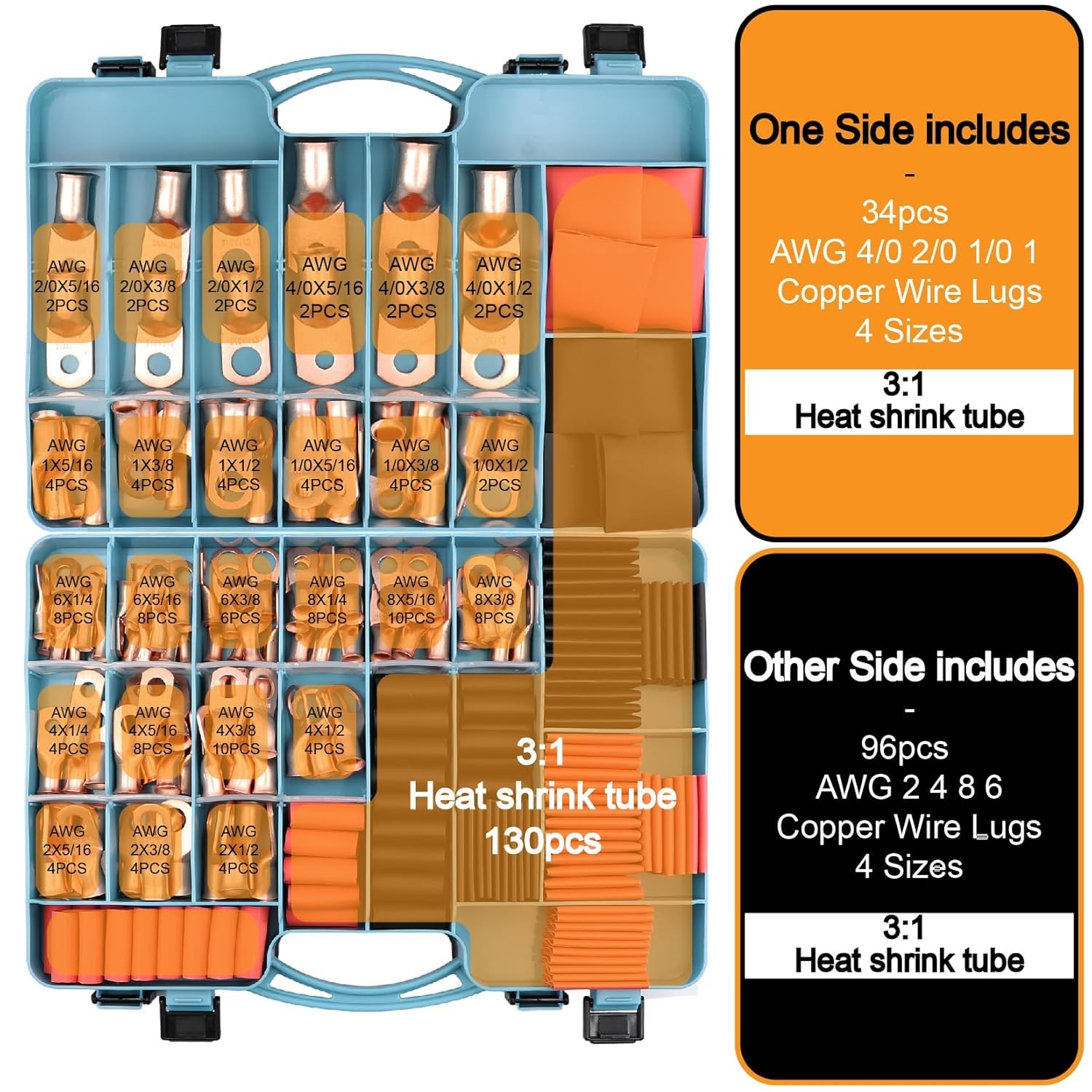 240Pcs Battery Cable Terminals Crimp Connector AWG8 4 6 2 1 1/0 2/0 4/0 Gauge 1/
