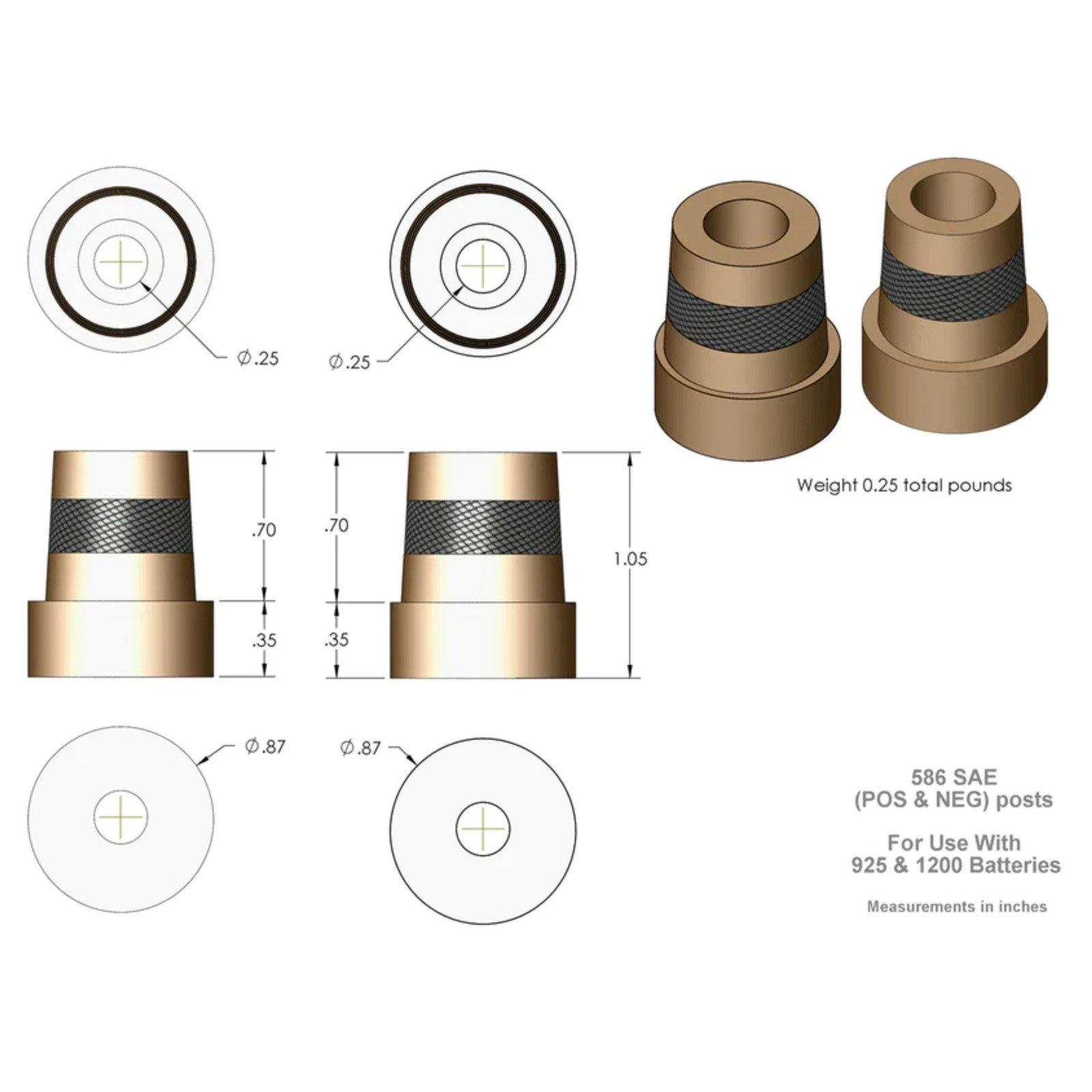 Pair of XS Power 580 Battery Short Brass Terminal Post Adaptors M6 Thread