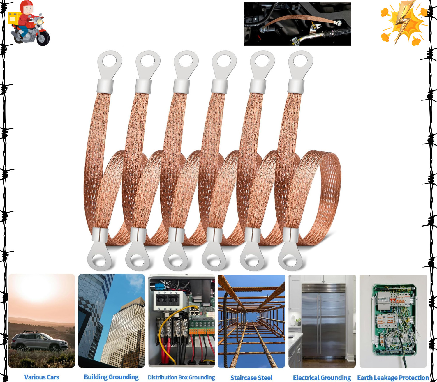 6 PCS Universal Automotive Braided Copper Ground Strap, 12 Inch Engine Ground S